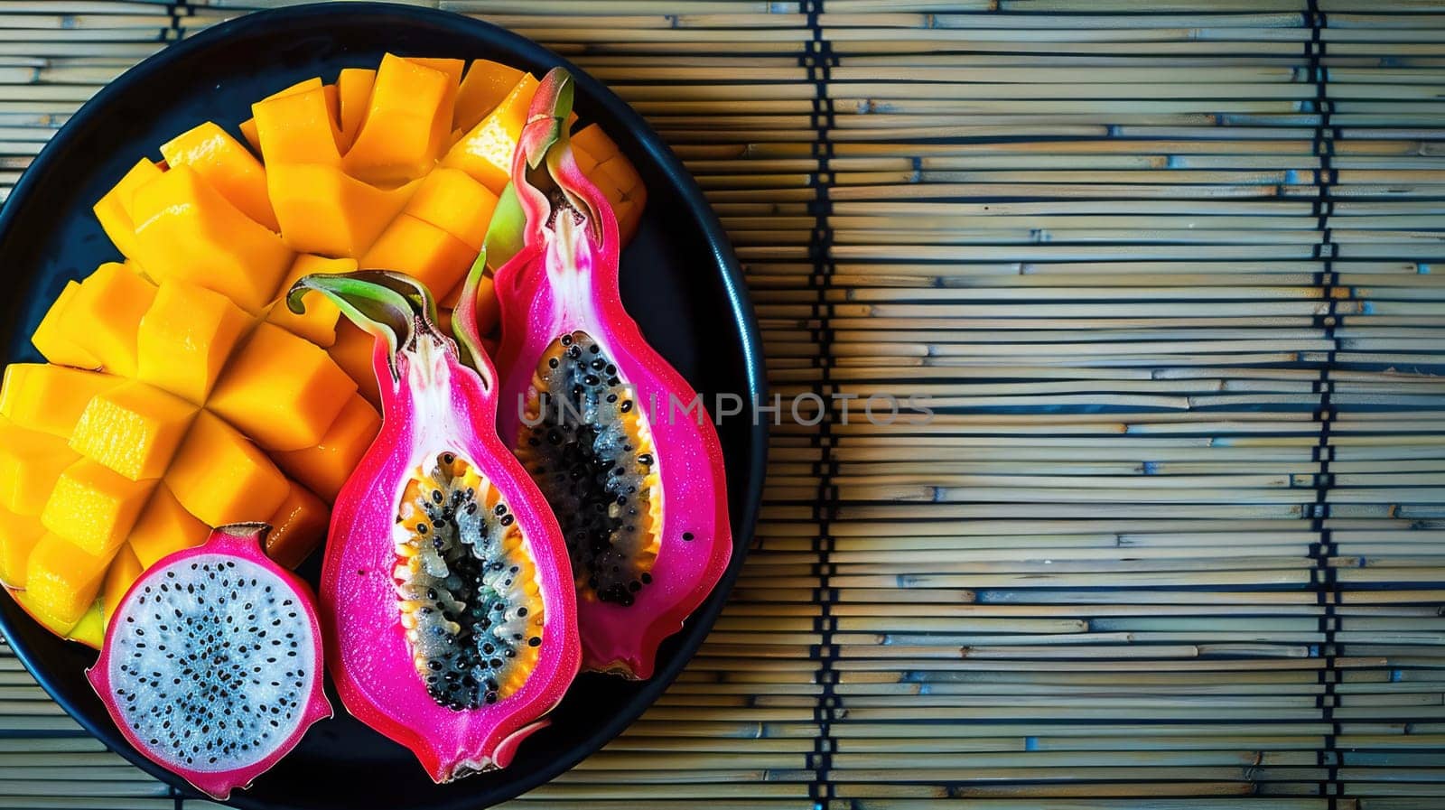 A bamboo mat serves as the tableware for a black plate adorned with mangoes and dragon fruit, creating a colorful and vibrant display of tropical ingredients AIG50