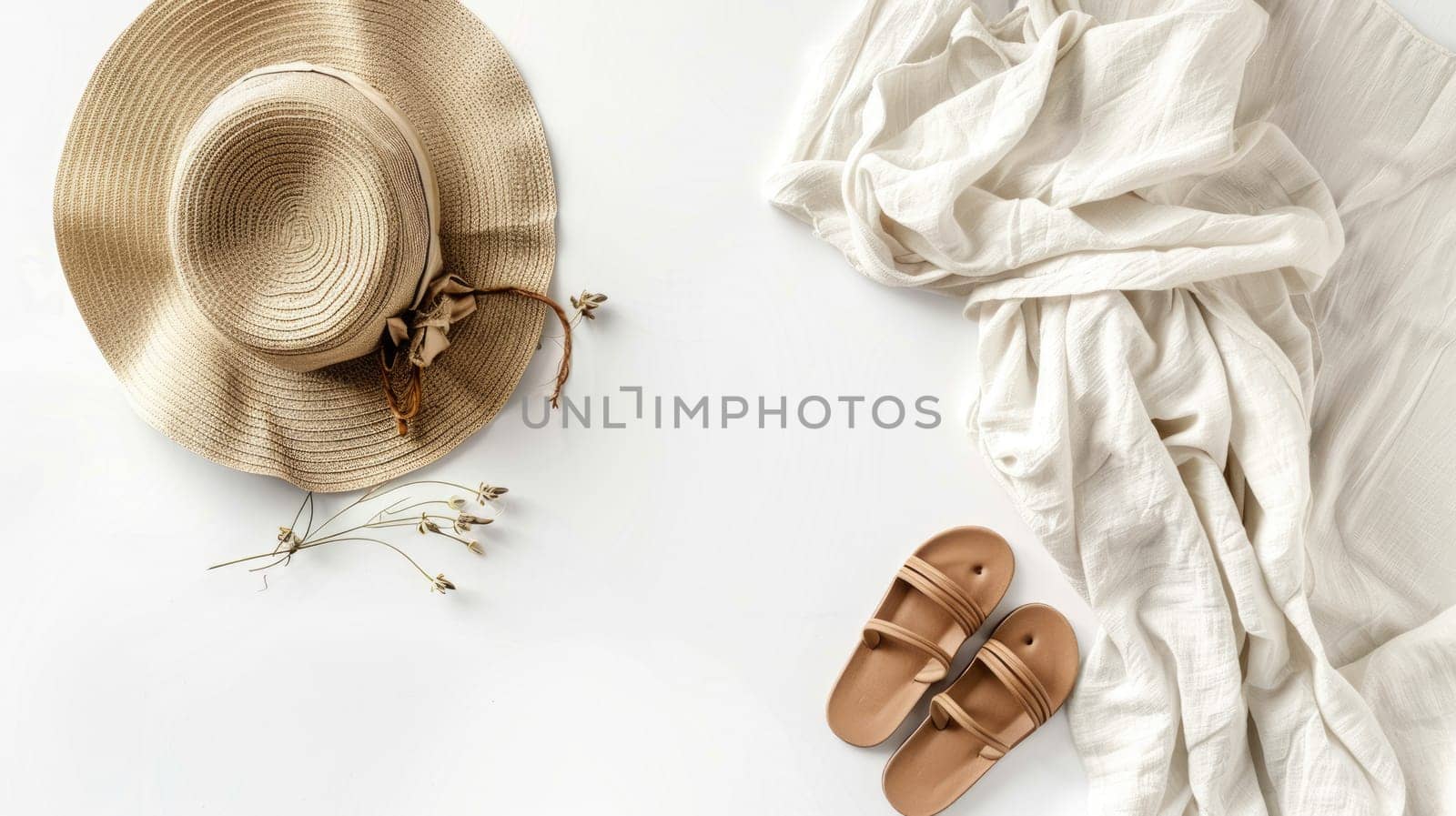 A stylish hat and scarf lay beside a pair of flip flops and a palm leaf on a wooden bed. The circle shape of the hat adds a fashionable touch to the peachcolored room AIG50