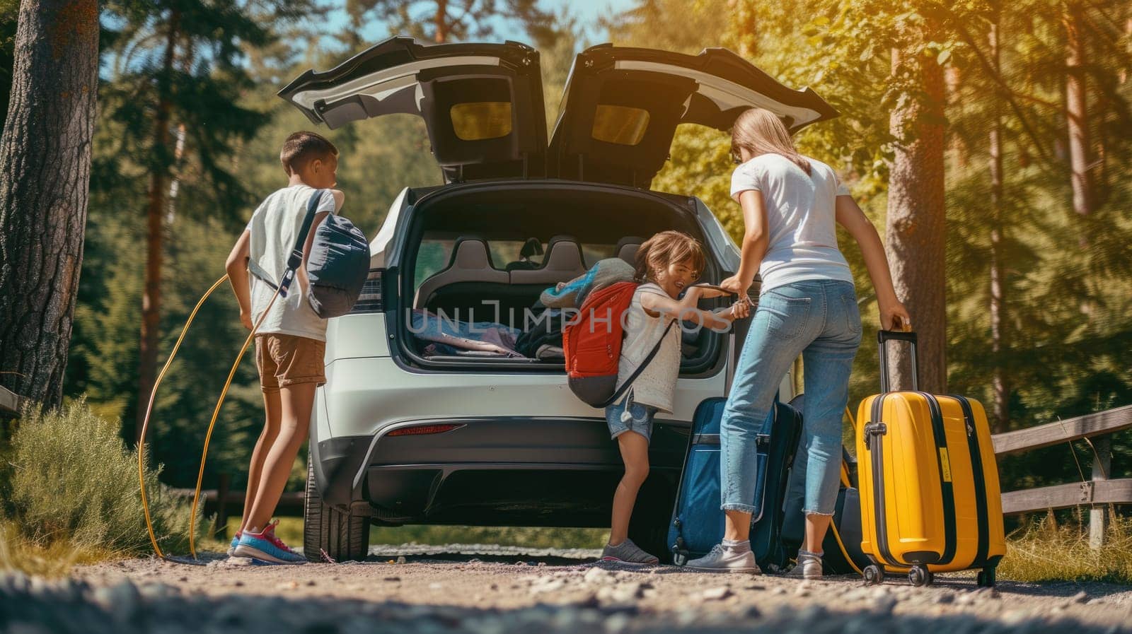 A family is loading luggage into the rear of their vehicle for a leisurely travel, surrounded by trees and plants. AIG41