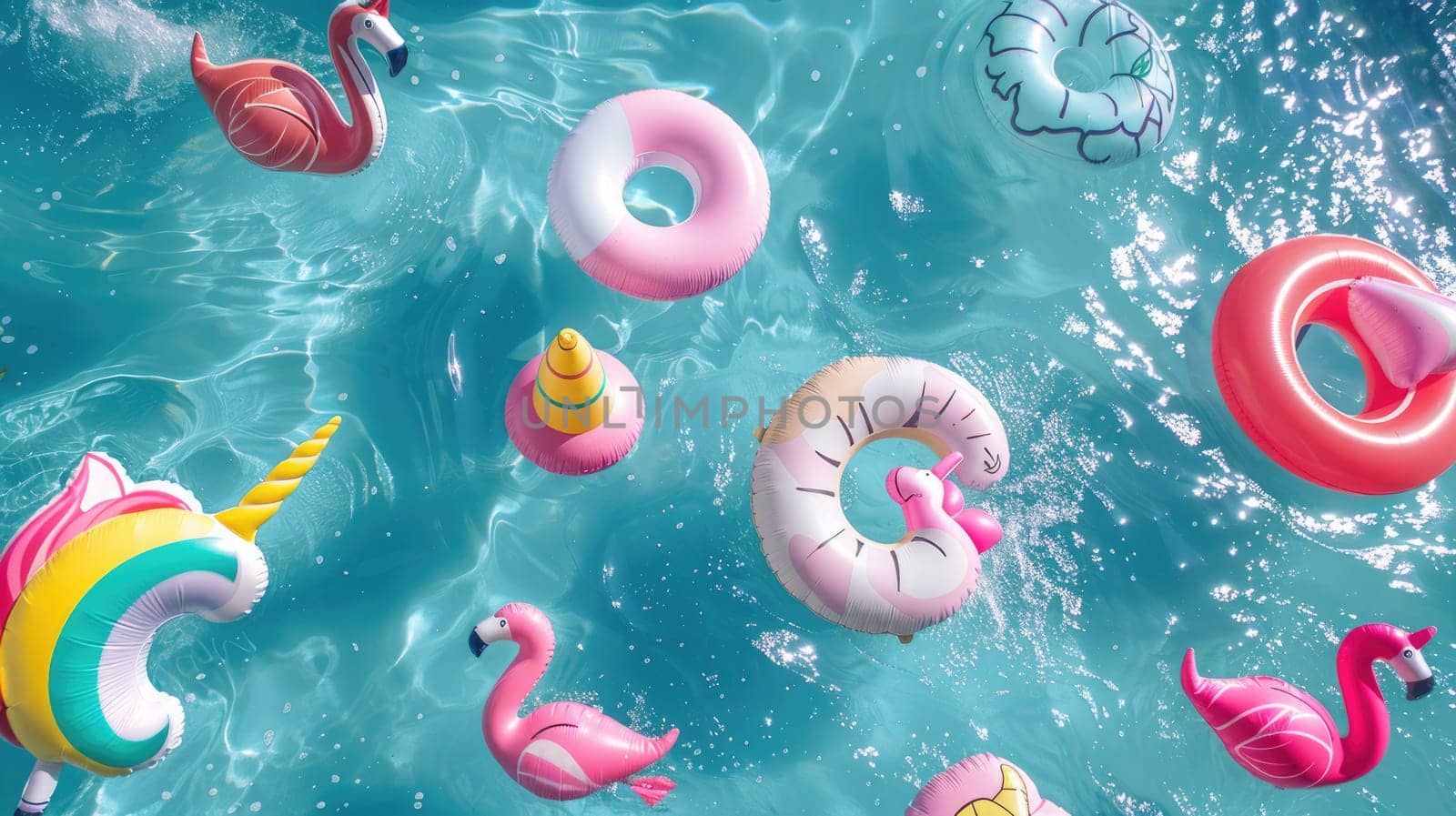 Colorful floats are drifting in the aqua water of a swimming pool, creating a vibrant and lively scene amidst the natural green landscape for leisurely activities AIG50