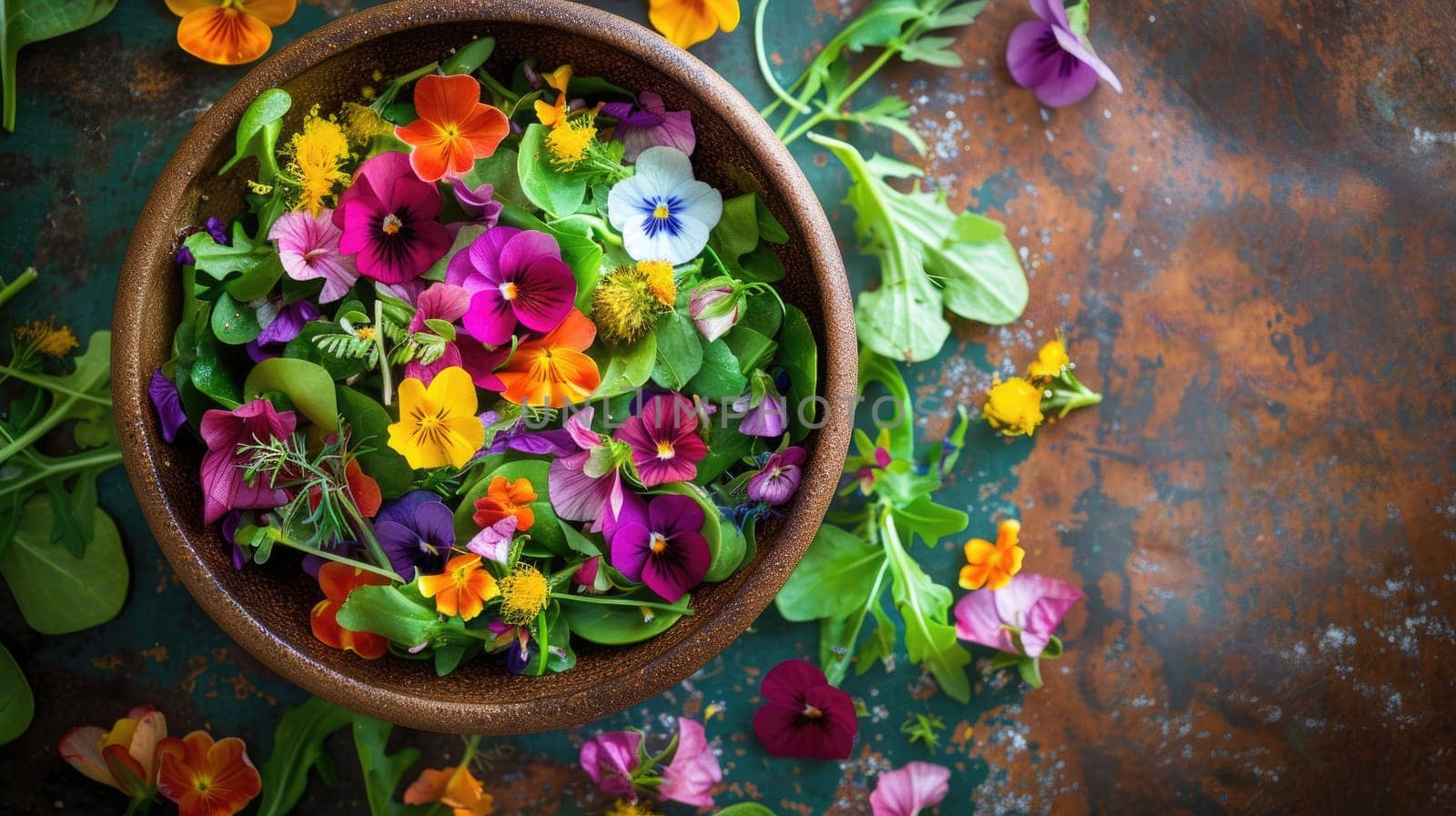 An artful arrangement of leafy greens and colorful flowers in a bowl, placed on a vibrant blue table. The natural landscape is enhanced with this beautiful botanical illustration AIG50