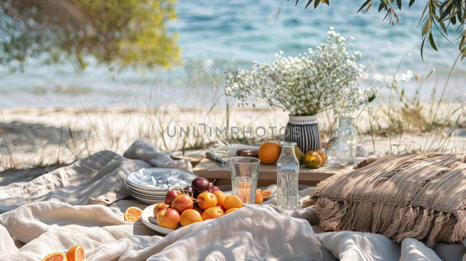 A beach picnic set up with a colorful fruit basket and cozy blanket overlooking the serene body of water, surrounded by nature and stunning landscape AIG50