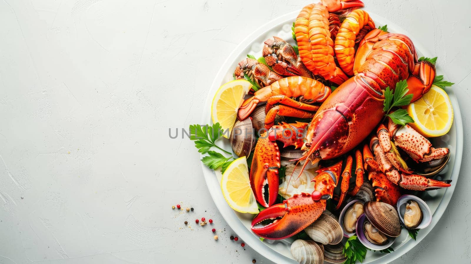 A dish of seafood featuring lobsters, shrimp, clams, and lemon slices presented on a table with exquisite tableware and garnished with leafy vegetables AIG50