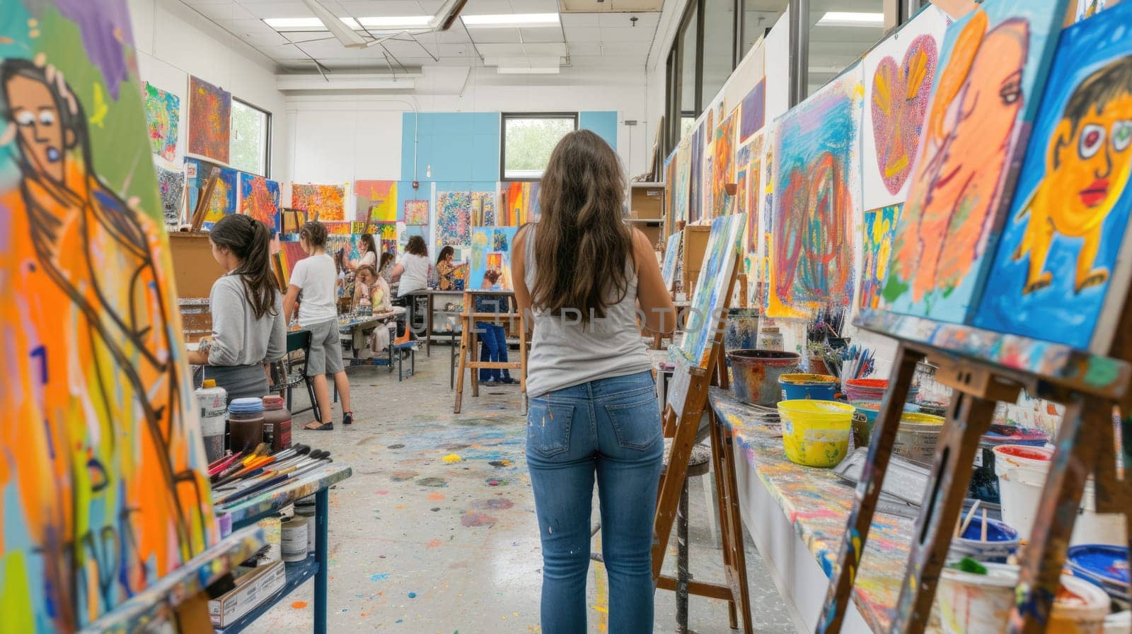 A group of individuals are seated around tables, enjoying an artistic event in a studio furnished with chairs and tables. This leisurely gathering fosters sharing and appreciation of visual arts. AIG41