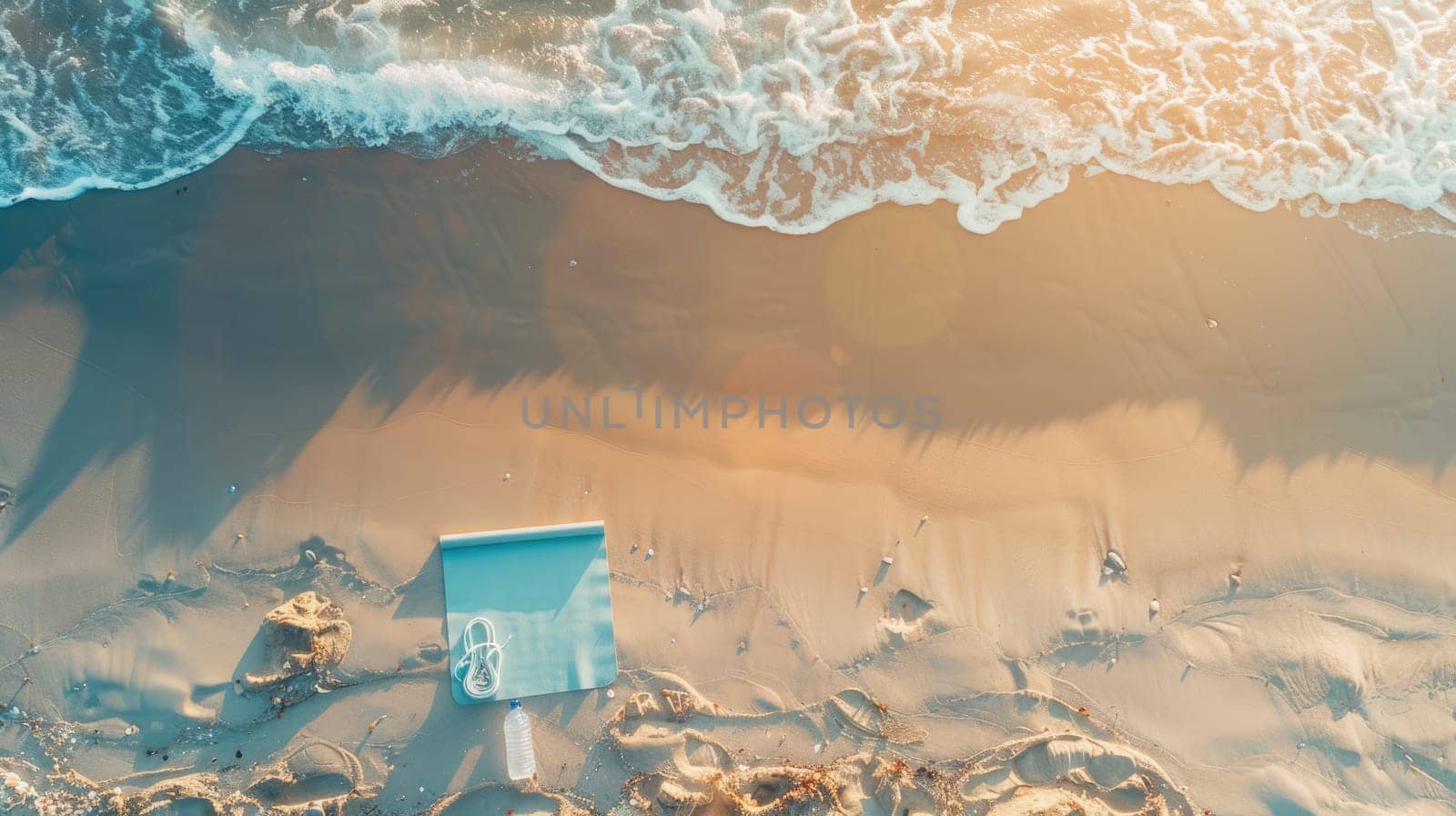 An aerial view of a sandy beach with trees lining the shore and a reflective mirror reflecting the water. The scene combines urban design with natural landscape, creating a leisurely feel AIG50