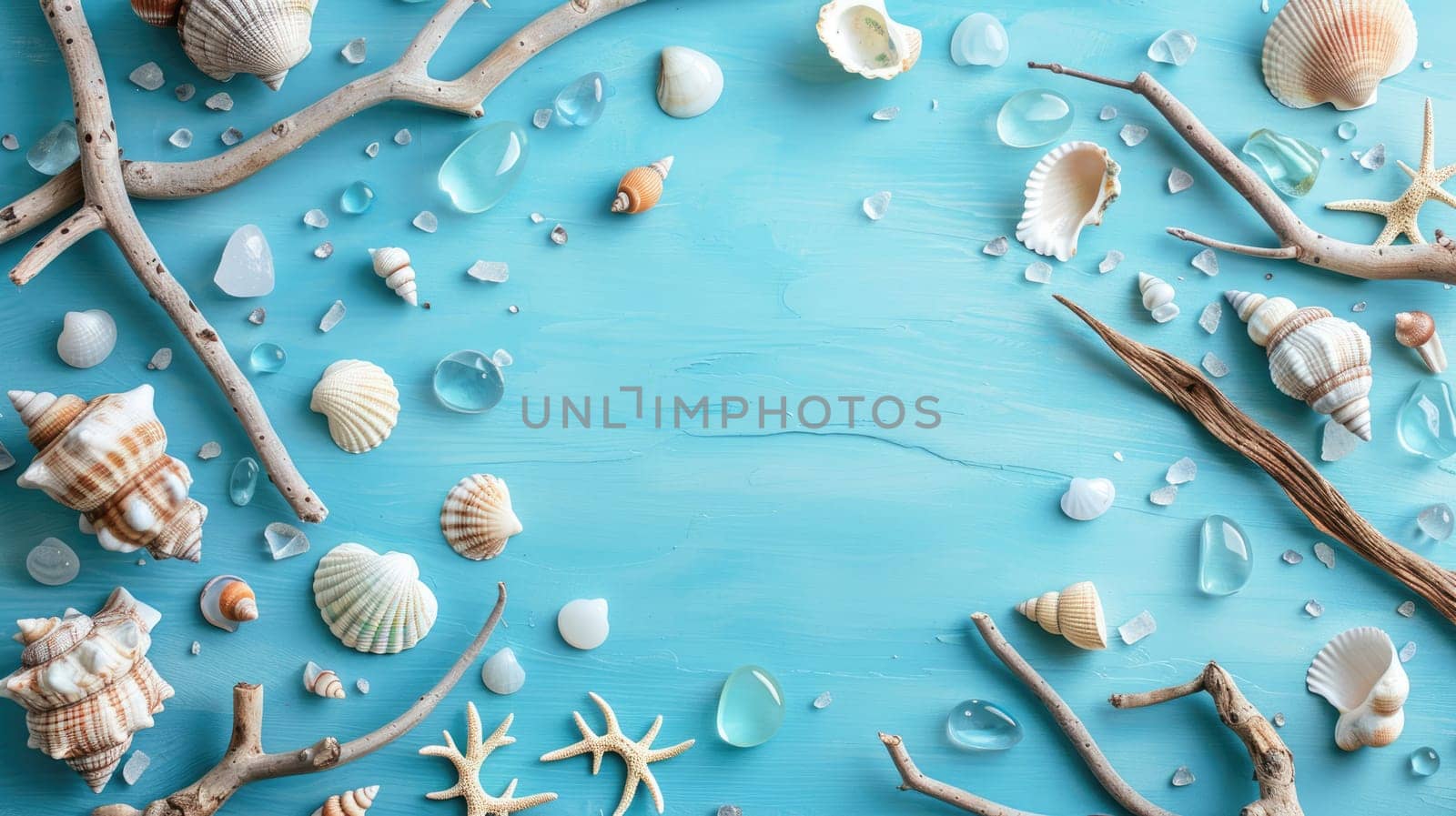 Waterinspired art with sea shells and glass beads on an electric blue background, creating a stunning pattern reminiscent of aqua circles. A fashion accessory perfect for any beach event AIG50