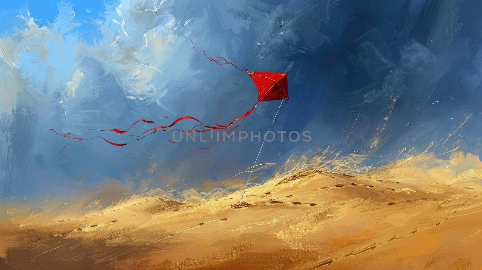 A red kite soars gracefully over a desert landscape in a painting, with cumulus clouds dotting the sky and adding to the atmosphere of heat and wind AIG50