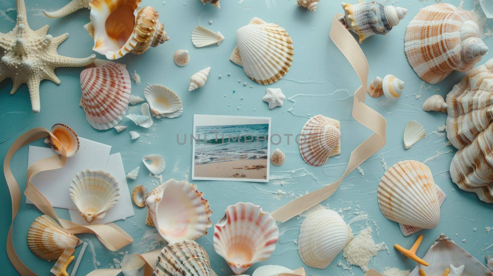 A circular wooden table adorned with aqua seashells and a picture of a beach scene. The combination of natural elements and coastal imagery creates a soothing and inviting atmosphere in the room AIG50