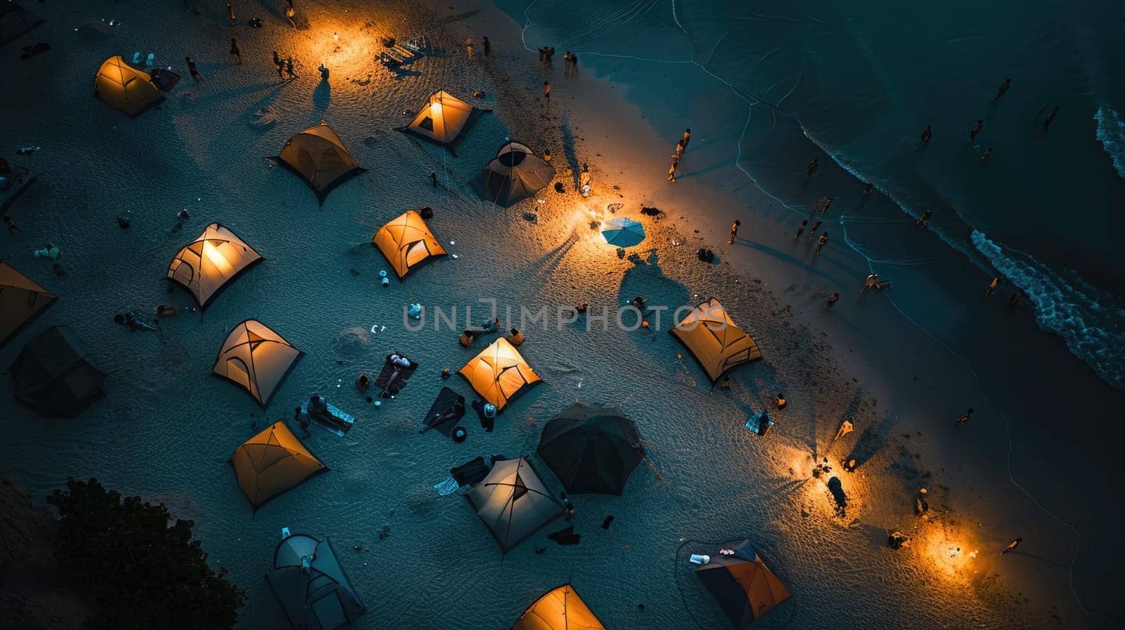 A captivating aerial view of a beach at night with a string of lanterns illuminating the waters edge, creating a magical atmosphere under the cover of darkness AIG50