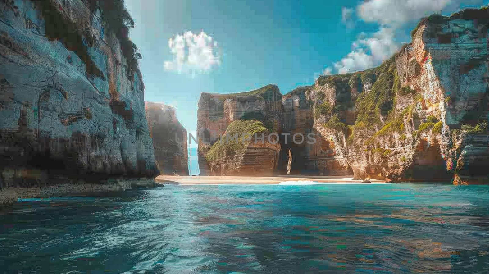 A boat navigates through a canyon alongside a tranquil body of water, surrounded by towering bedrock and a picturesque natural landscape AIG50
