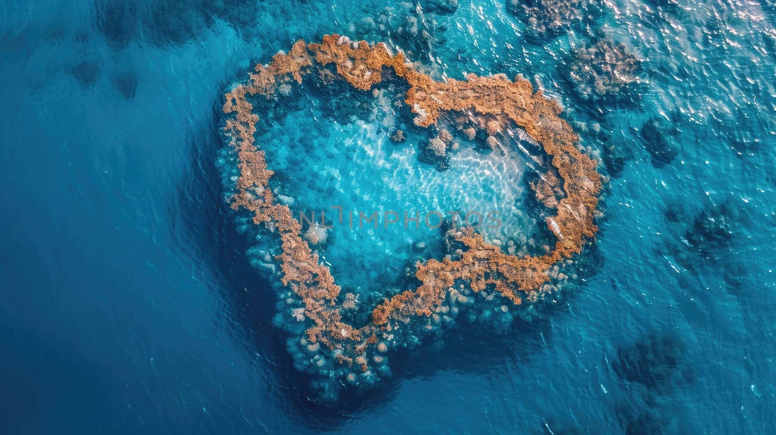 An aerial view of a small island surrounded by electric blue waters, perfect for marine biology research. The underwater world is a captivating circle of life AIG50