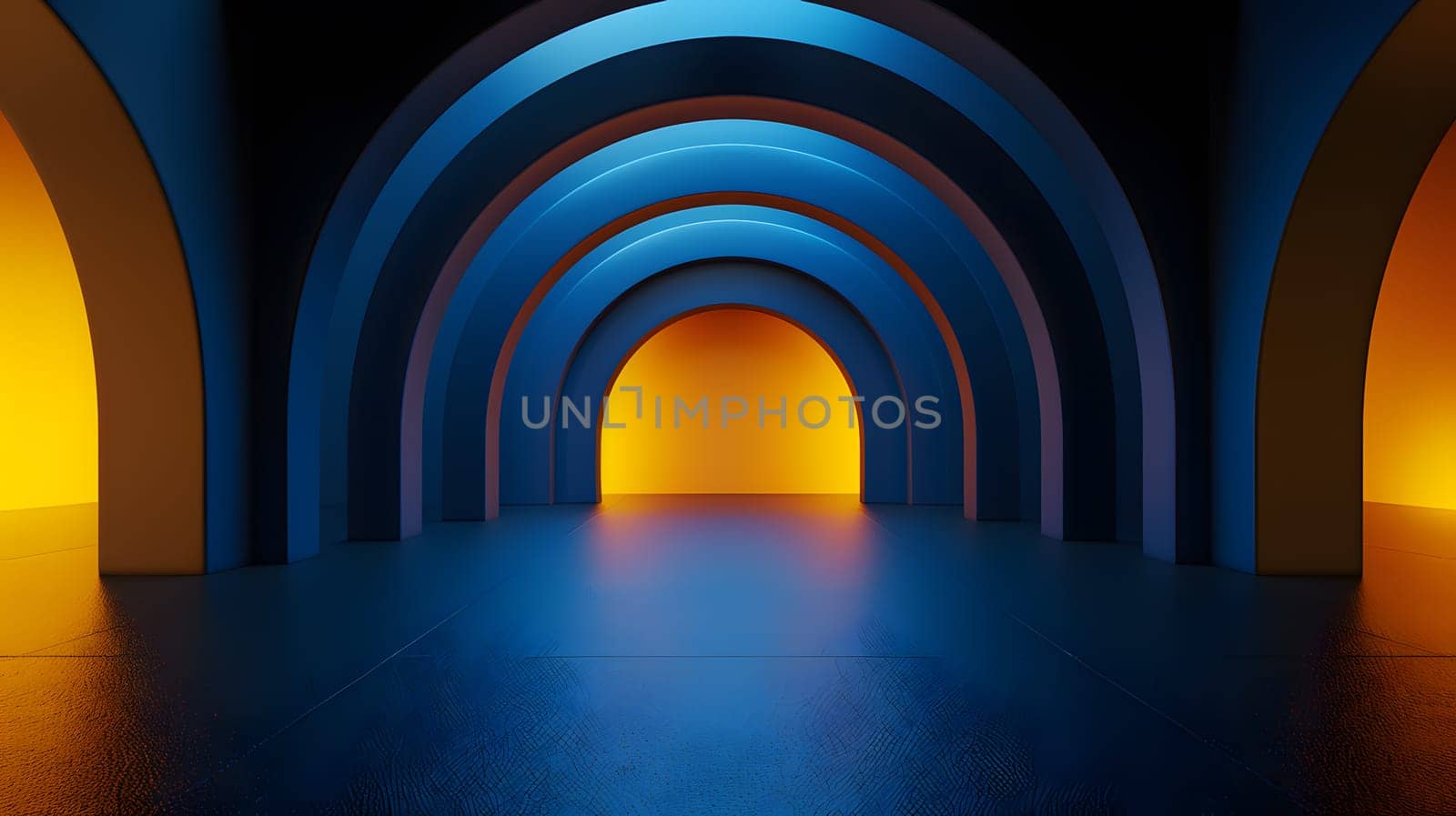 A tunnel with symmetrical arches in hues of electric blue and orange, leading to a bright light at the end. The pattern of the arches creates a parallel road of contrasting tints and shades