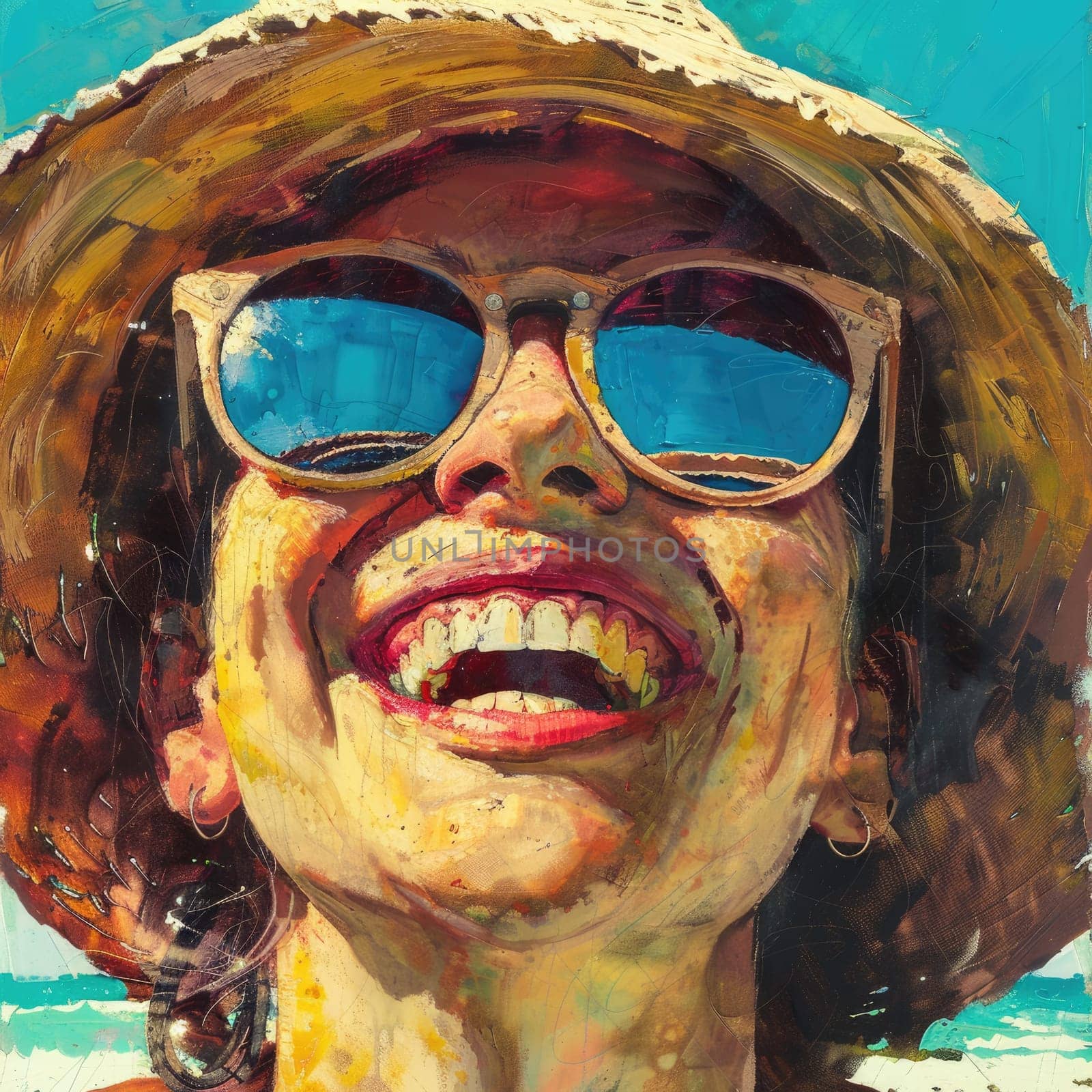 A happy woman in a sun hat and sunglasses is smiling on the beach, enjoying the sun and having fun while on a travel adventure AIG50