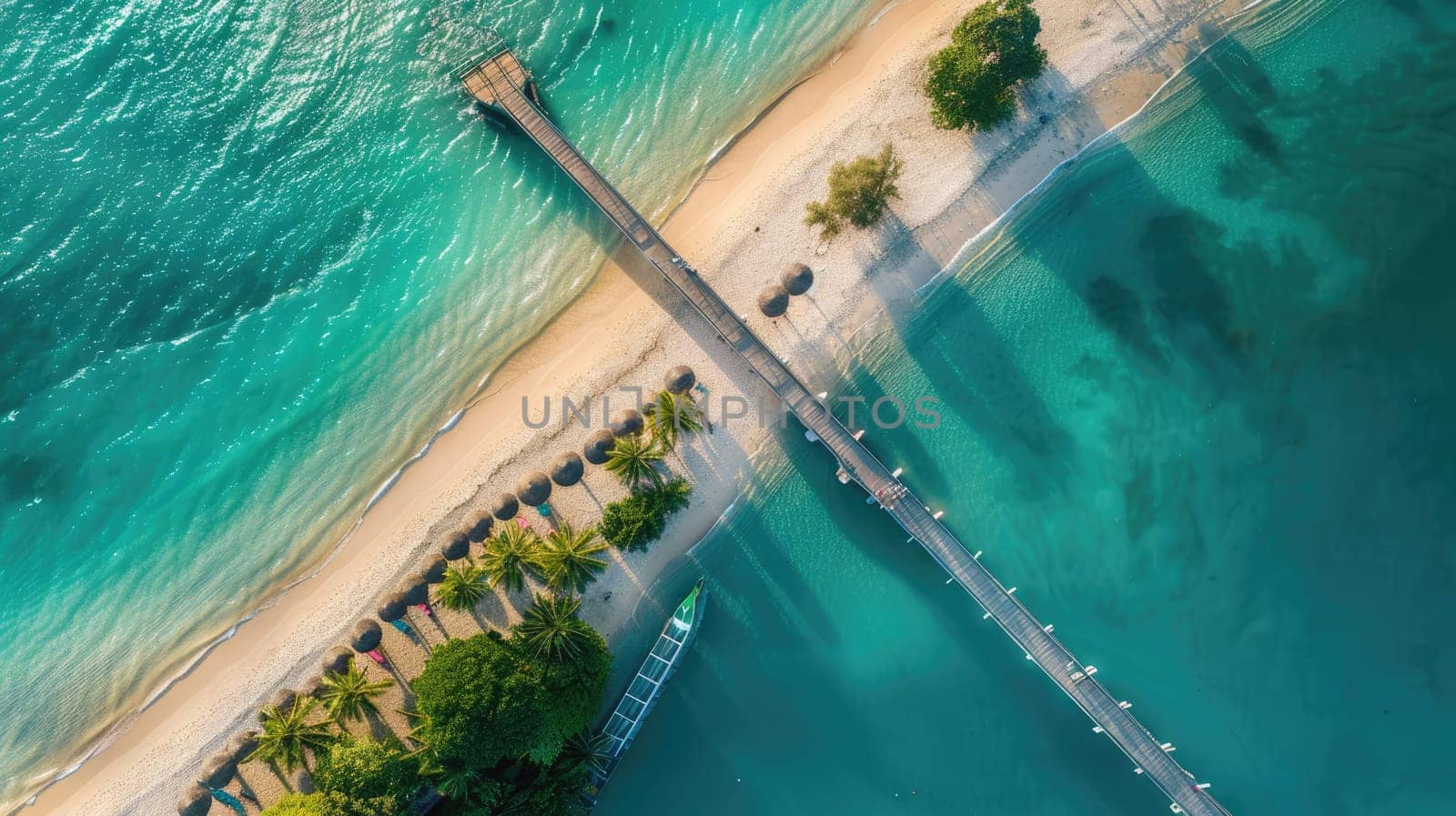 An aerial view of a tropical island showcasing a dock extending into the aqua water leading to a beautiful beach surrounded by lush green trees and natural landscape AIG50