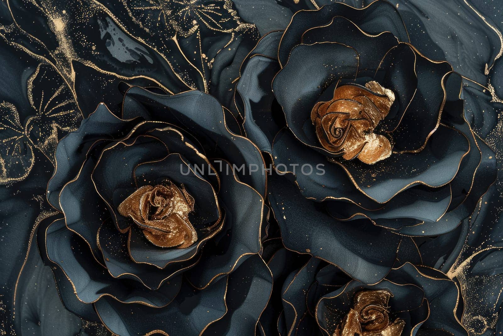 Black and gold roses made of crumpled paper with marble background AIG51A.