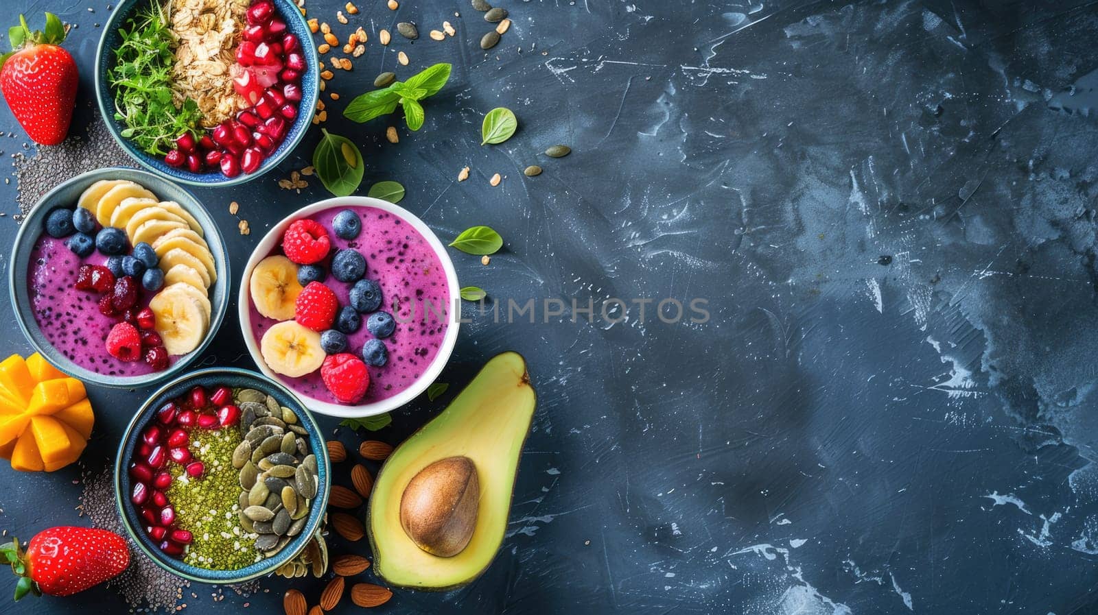 A selection of bowls filled with a variety of fruits and nuts displayed on a table, perfect as finger food or garnish for a sweet dish. Ingredients for a delicious and nutritious recipe AIG50