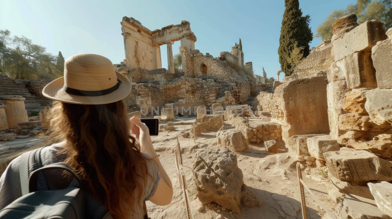 Back view of young happy woman exploring while standing at ancient site. Attractive female adventurer or traveler inspecting while wandering at ancient temple or historical place with blue sky. AIG42.