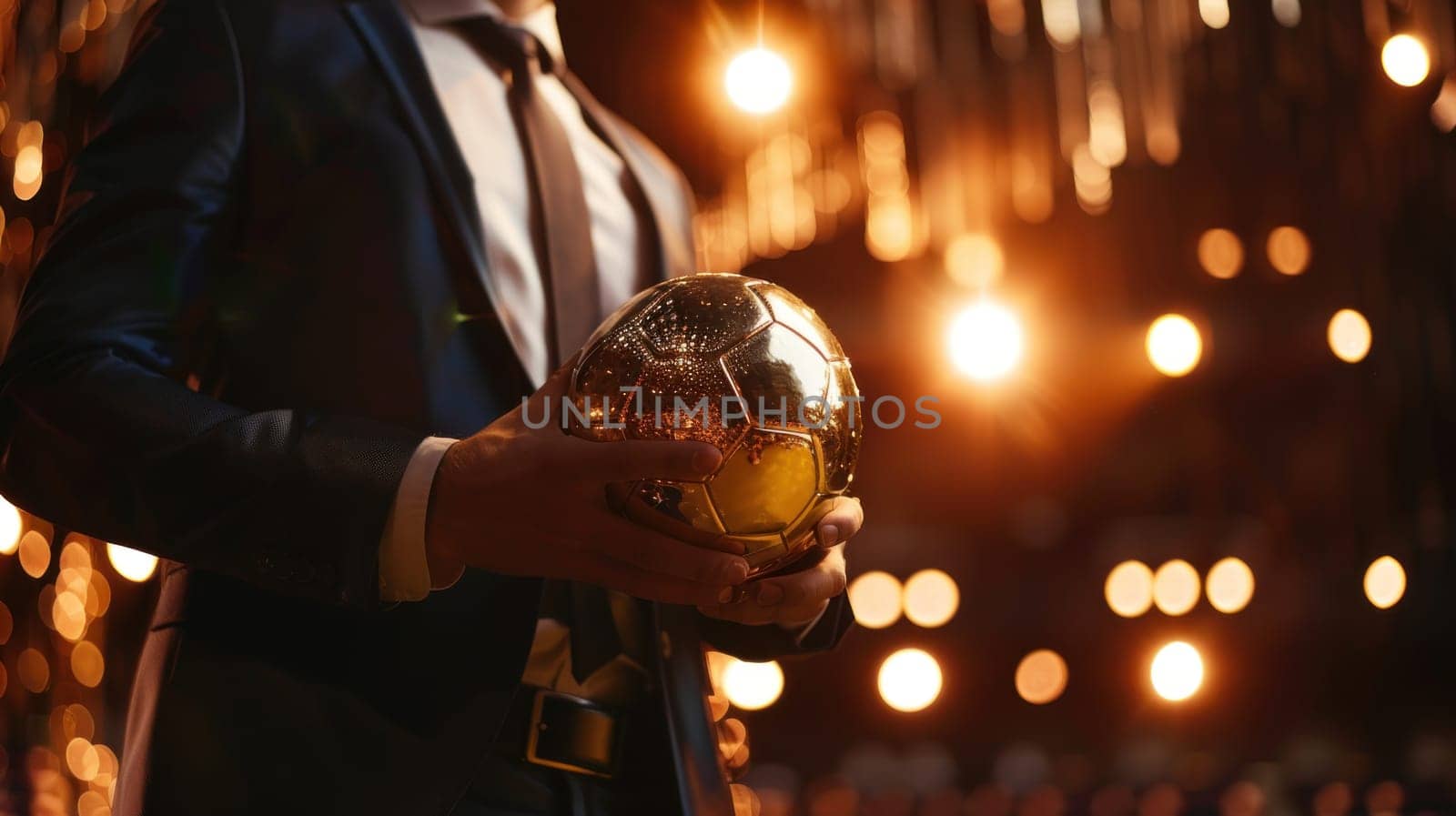 A man is holding a gold soccer ball in his hand.