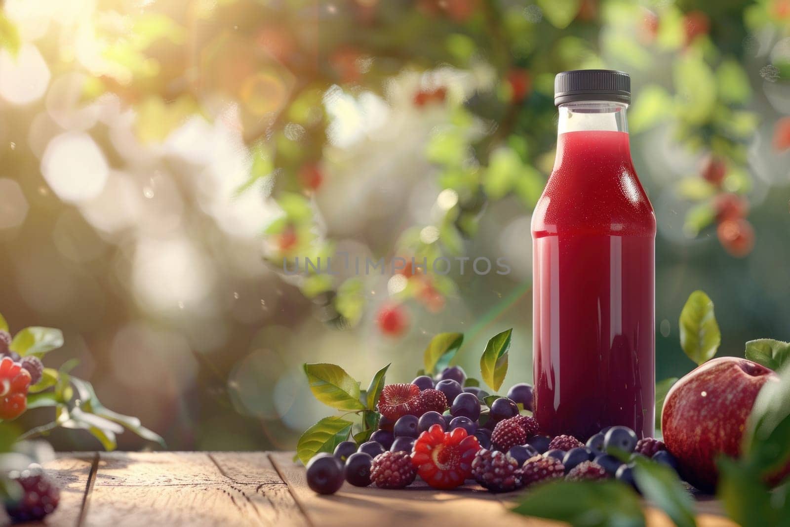 A bottle of juice is on a table with a bunch of fruit, including apples and blueberries. The juice is red and the fruit is fresh and ripe. Concept of health and vitality, as the juice