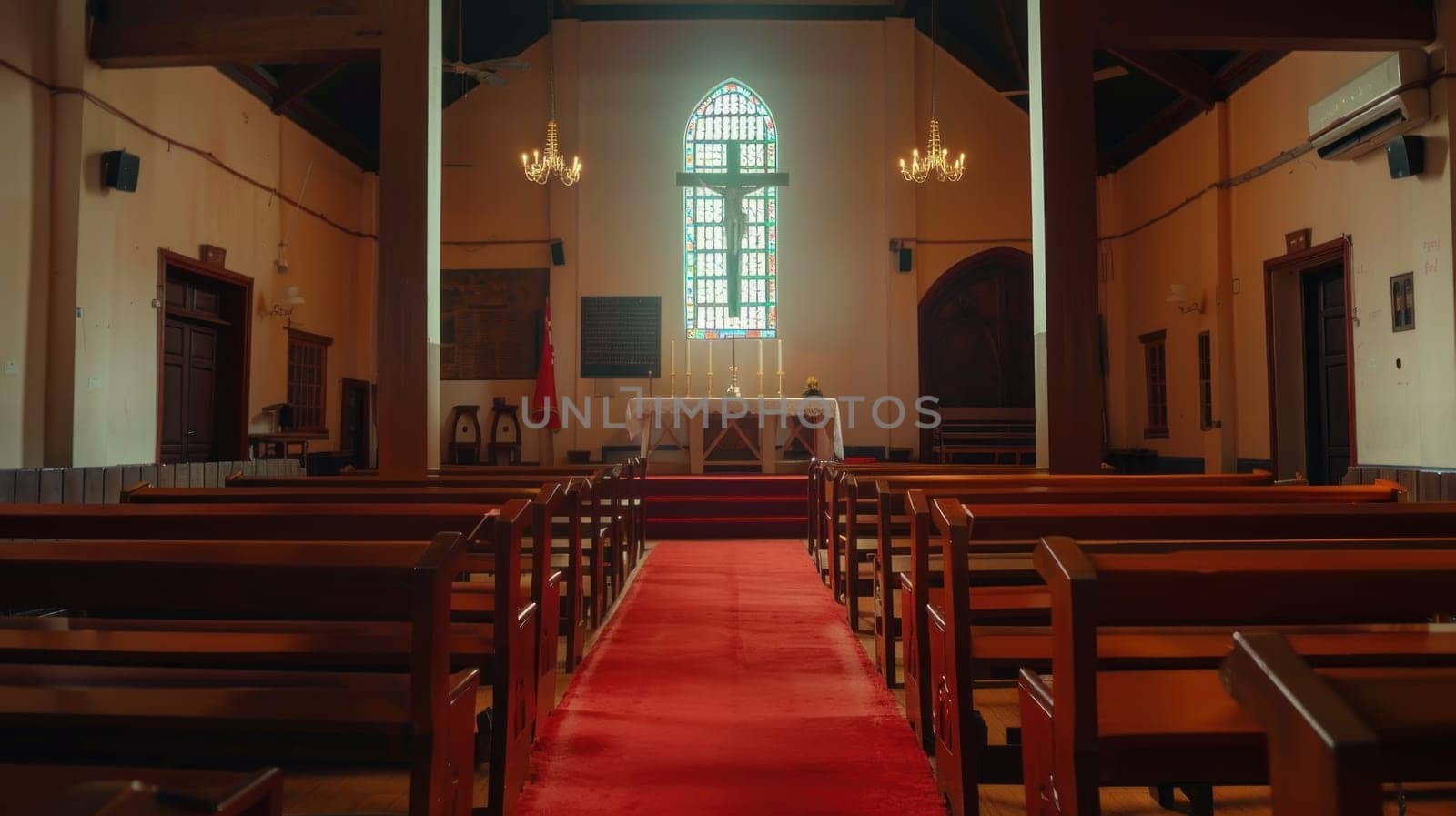 A church with a red carpet and stained glass windows.