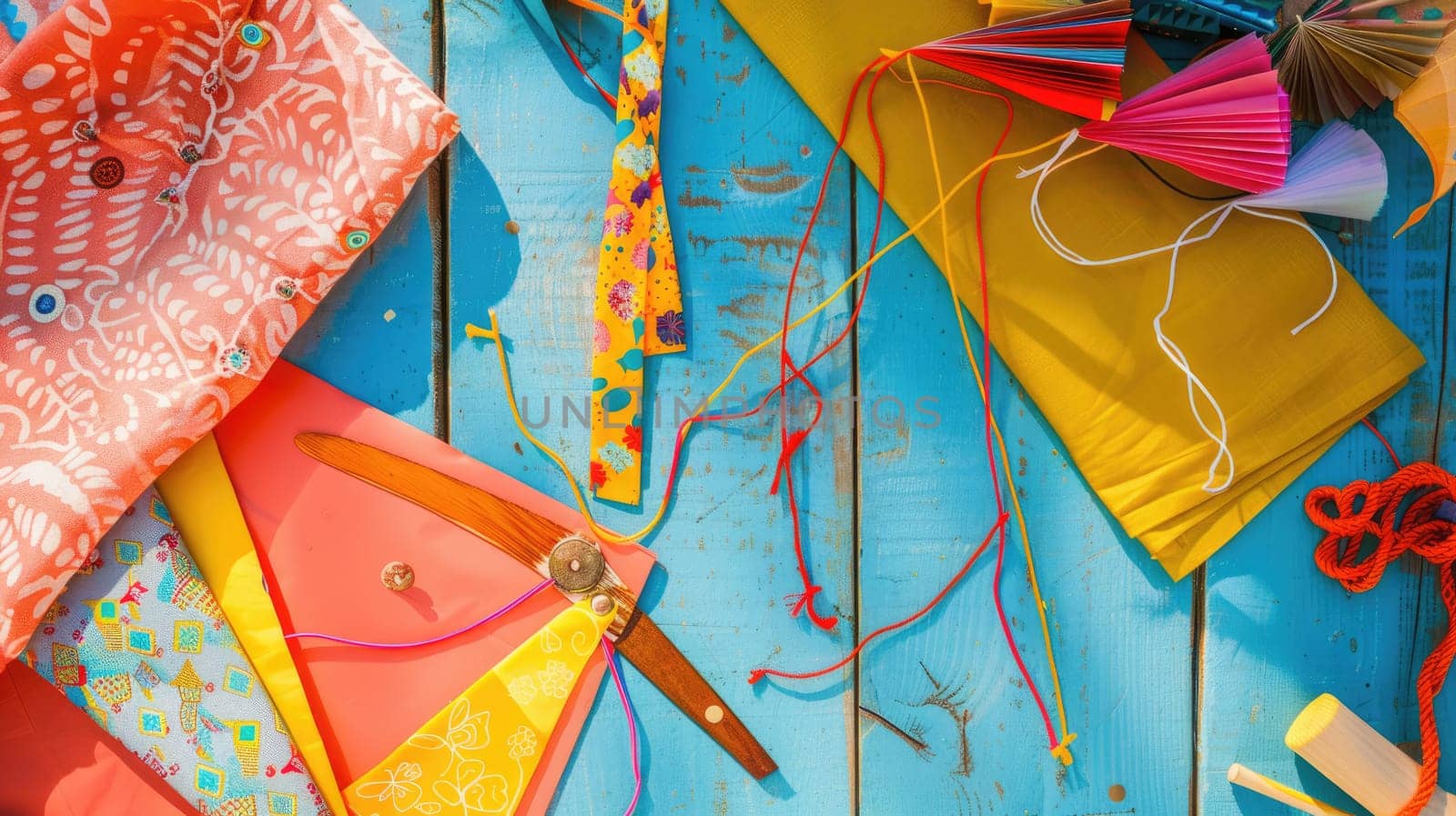 Various types of kites made of textile materials in orange, red, and electric blue colors are displayed on the table. They feature different patterns, triangles, lines, and artistic paint designs AIG50