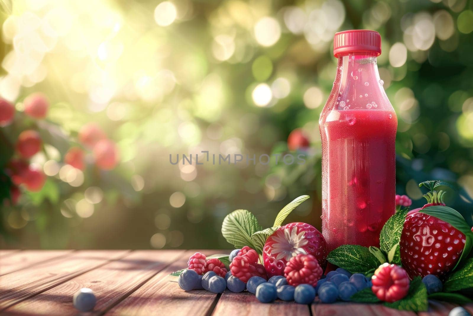 A bottle of juice is on a table with a bunch of fruit, including apples.