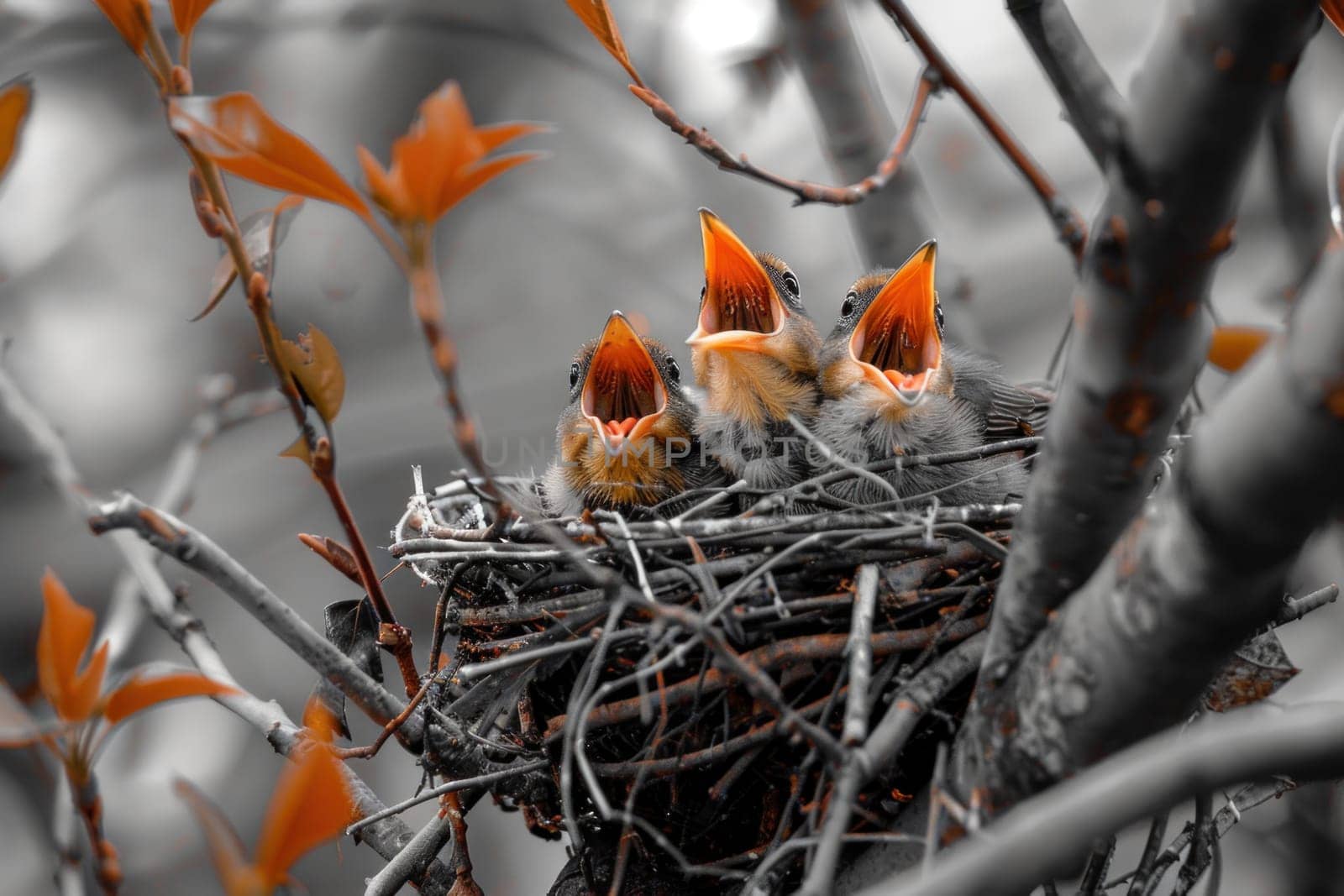 Three baby birds are sitting in a nest, one of which is eating.