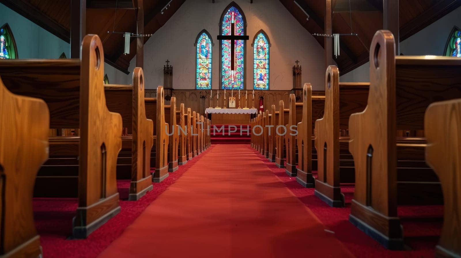 A church with a red carpet and stained glass windows.