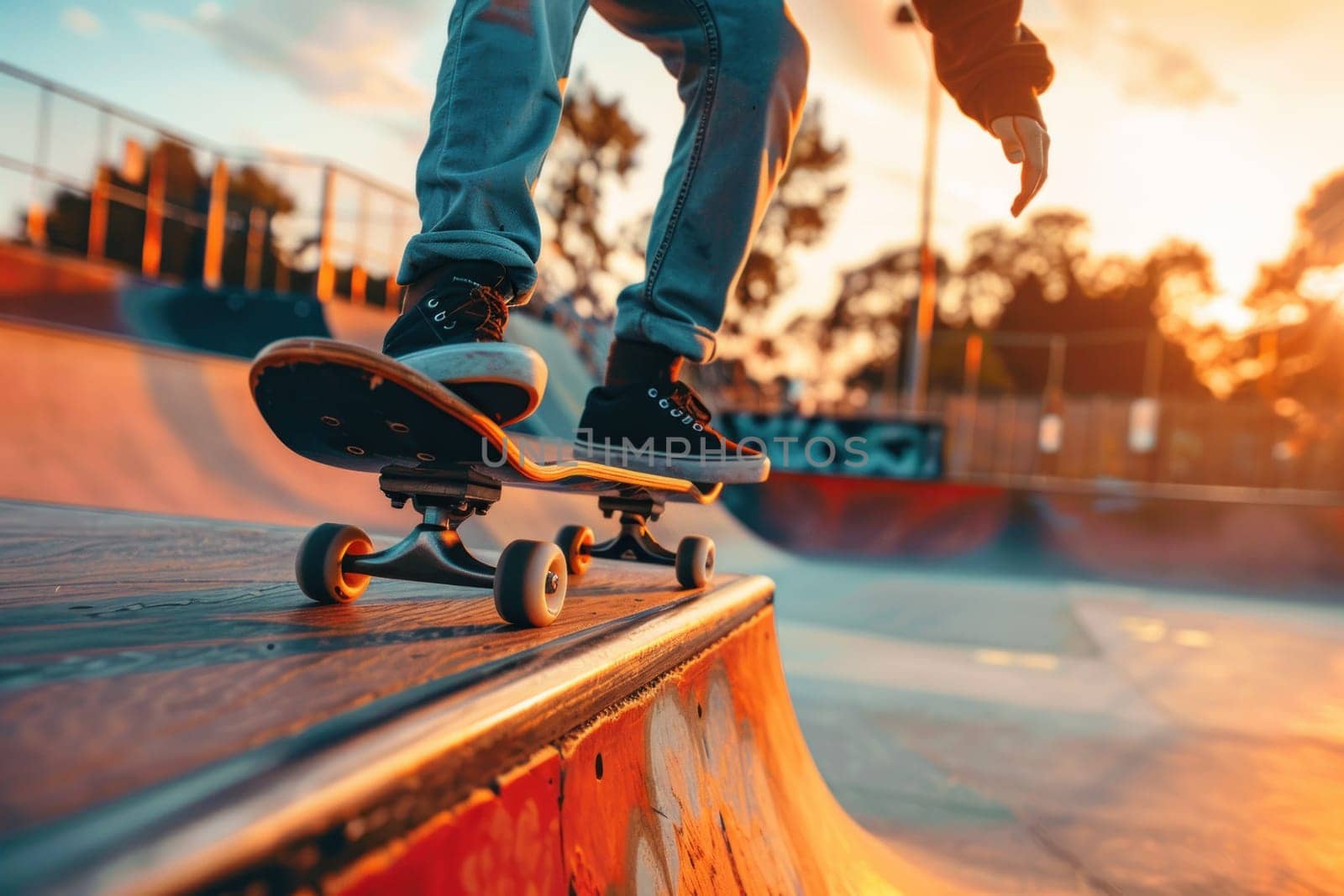 A skateboarder is riding a ramp at a skate park. The sun is setting, casting a warm glow over the scene