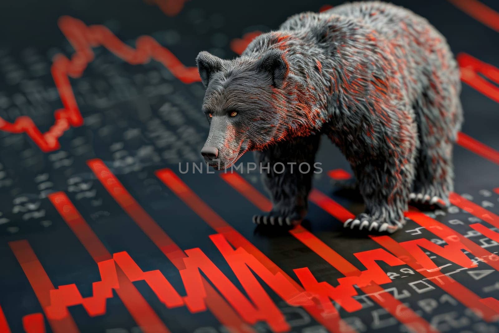 A bear is standing in front of a graph with red lines. The bear is looking at the graph, and the red lines seem to be indicating a downward trend. Concept of uncertainty and instability