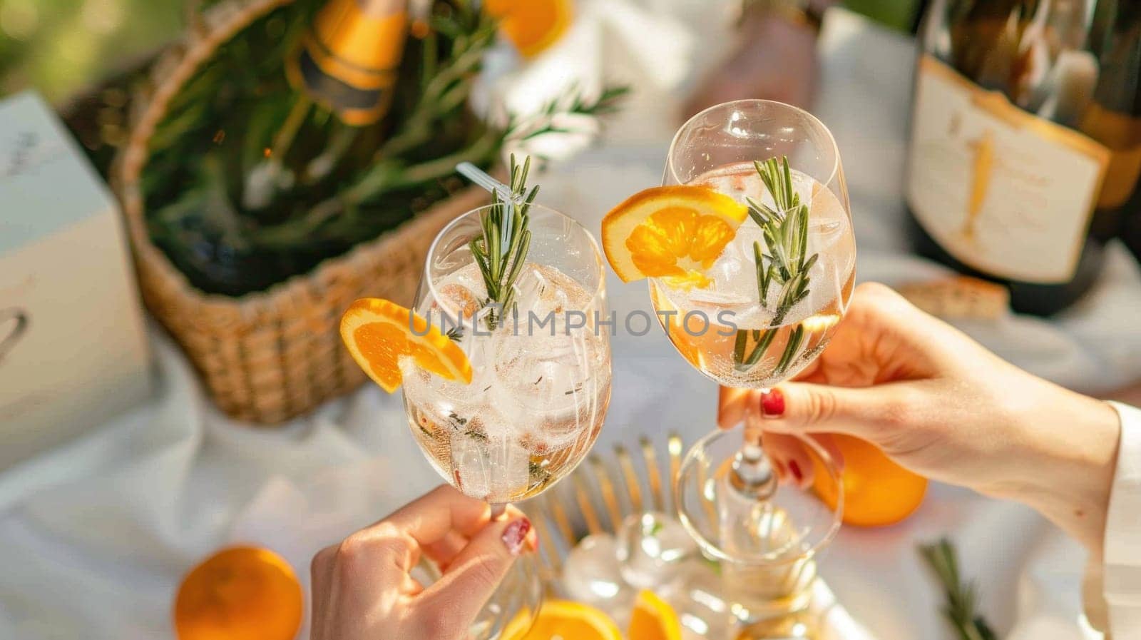 People are holding up two glasses of a drink with orange slices in them.