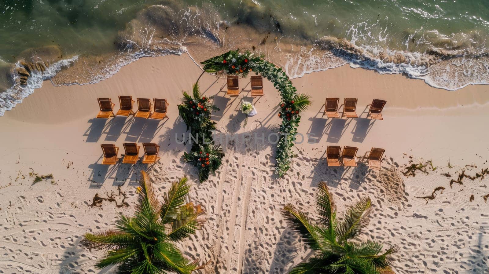 An aerial view of a beach wedding ceremony with chairs and flowers overlooking the water, surrounded by nature and plantfilled landscape AIG50