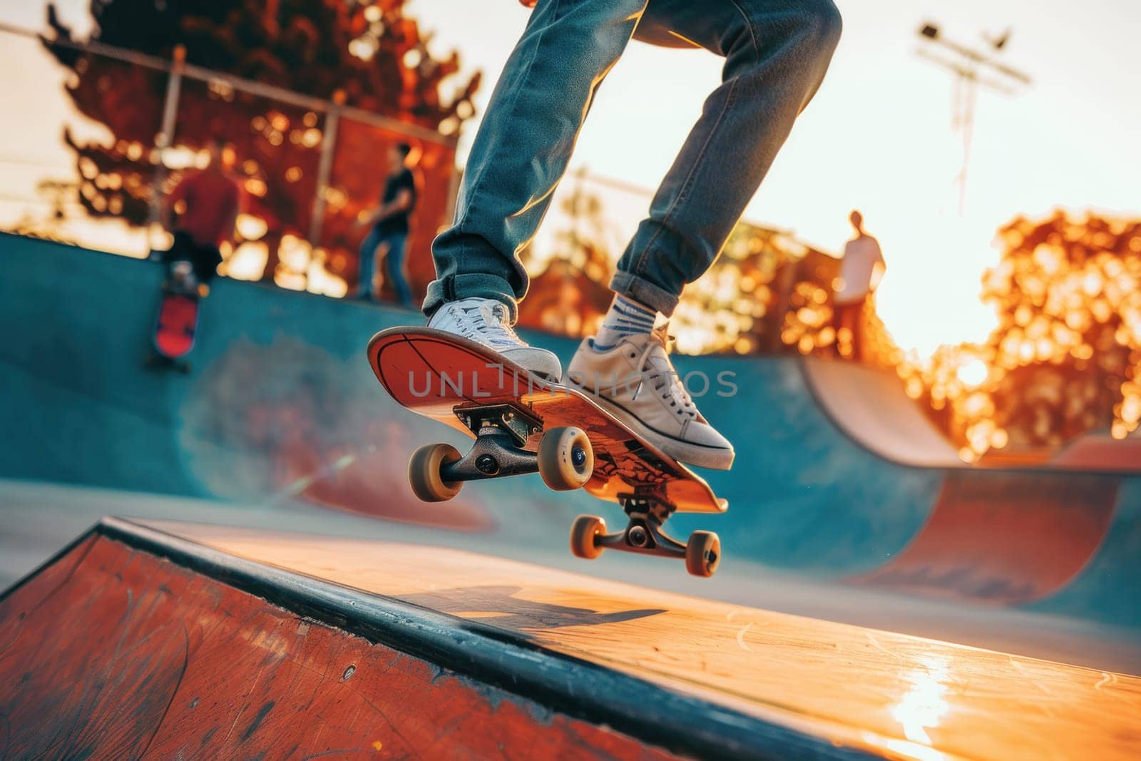 A skateboarder is riding a ramp at a skate park.