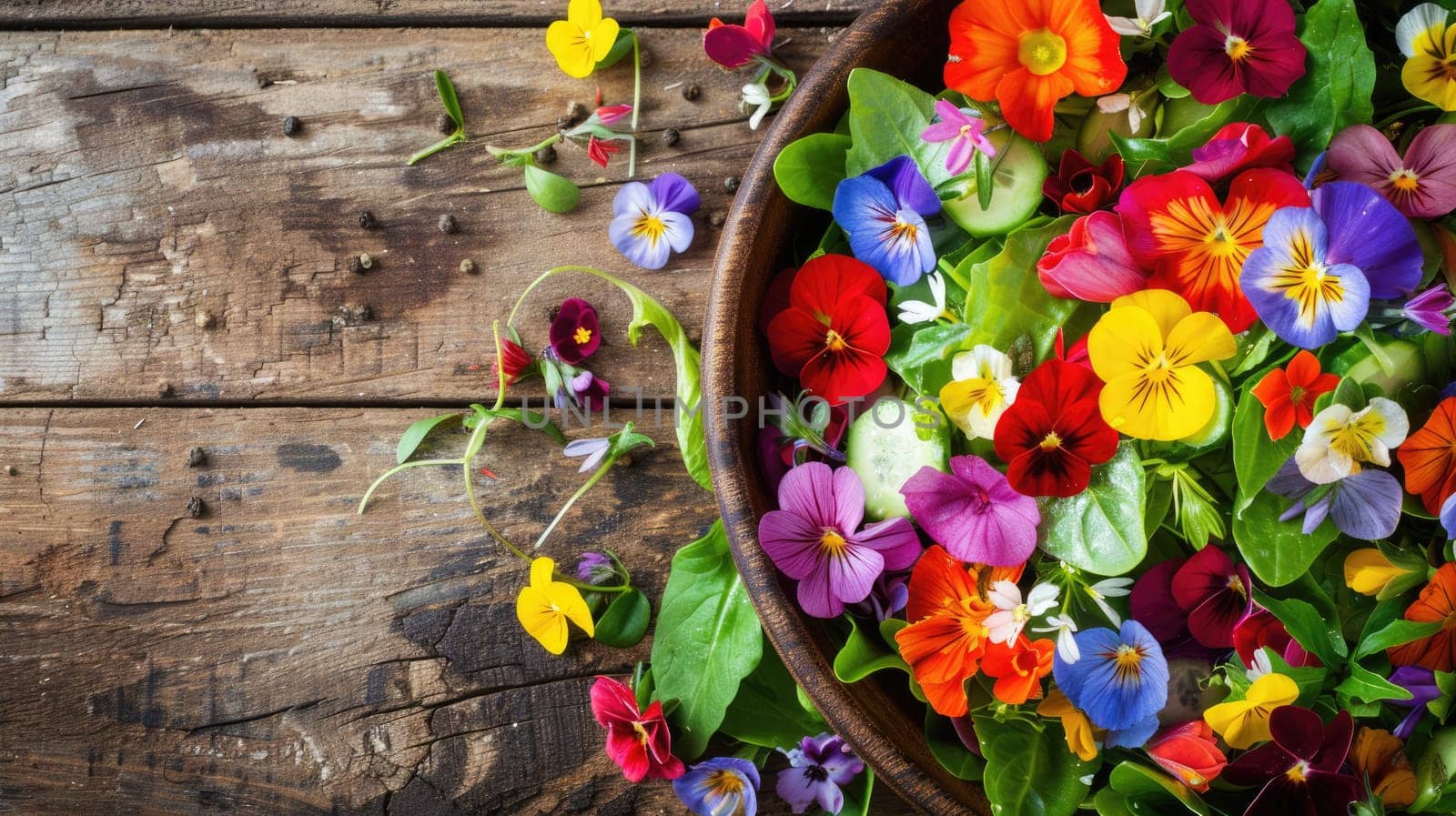 A colorful salad bowl decorated with edible flowers sits on a rustic wooden table, creating a beautiful and artistic display of natures bounty AIG50