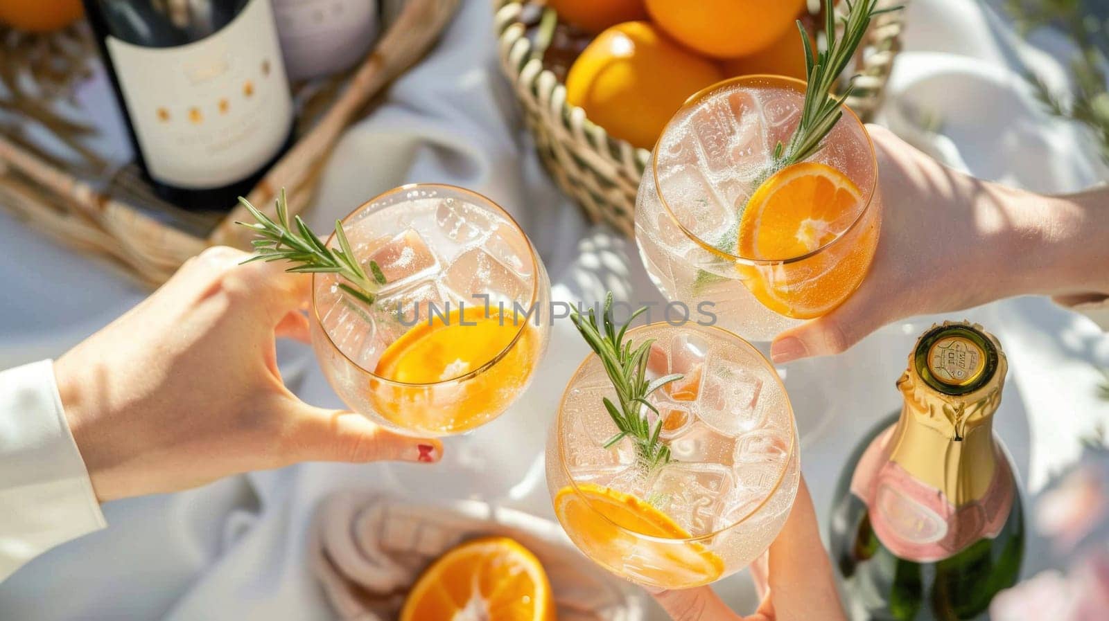 People are holding up two glasses of a drink with orange slices in them.