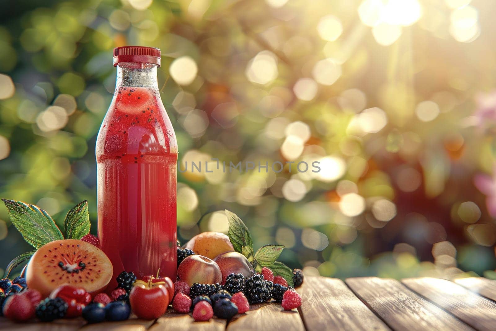 A bottle of juice is on a table with a bunch of fruit, including apples.