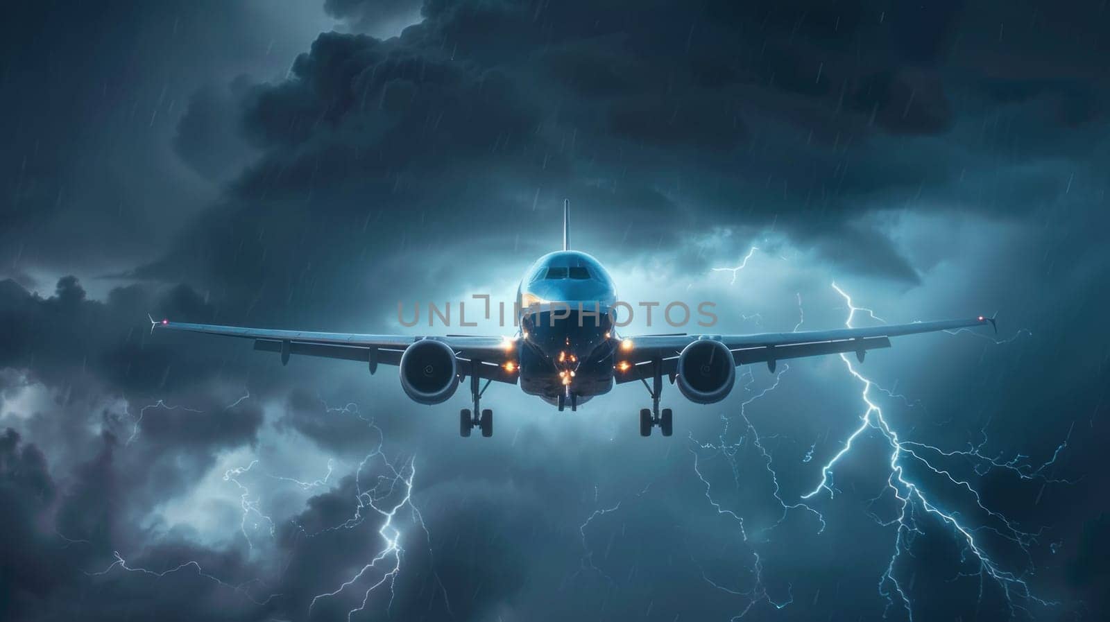 A plane is flying through a stormy sky.