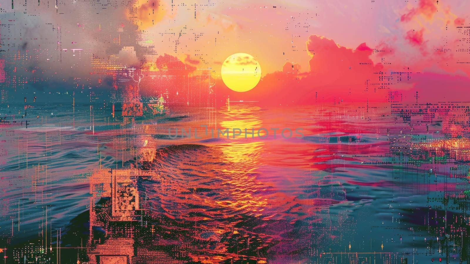 A beautiful painting depicting a peaceful sunset over a tranquil body of water, with vibrant red and orange hues reflecting in the sky and water AIG50