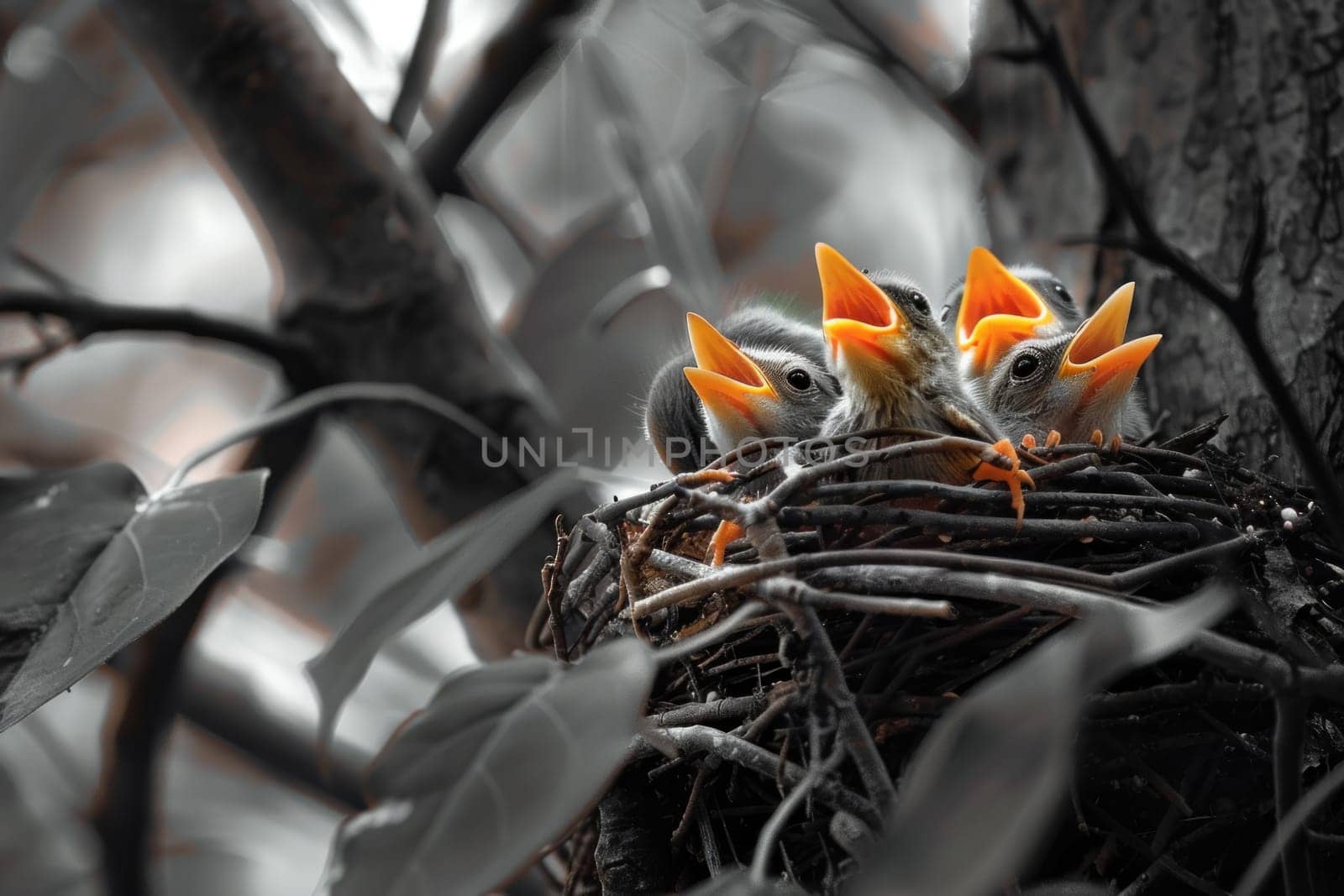 Three baby birds are sitting in a nest, one of which is eating.