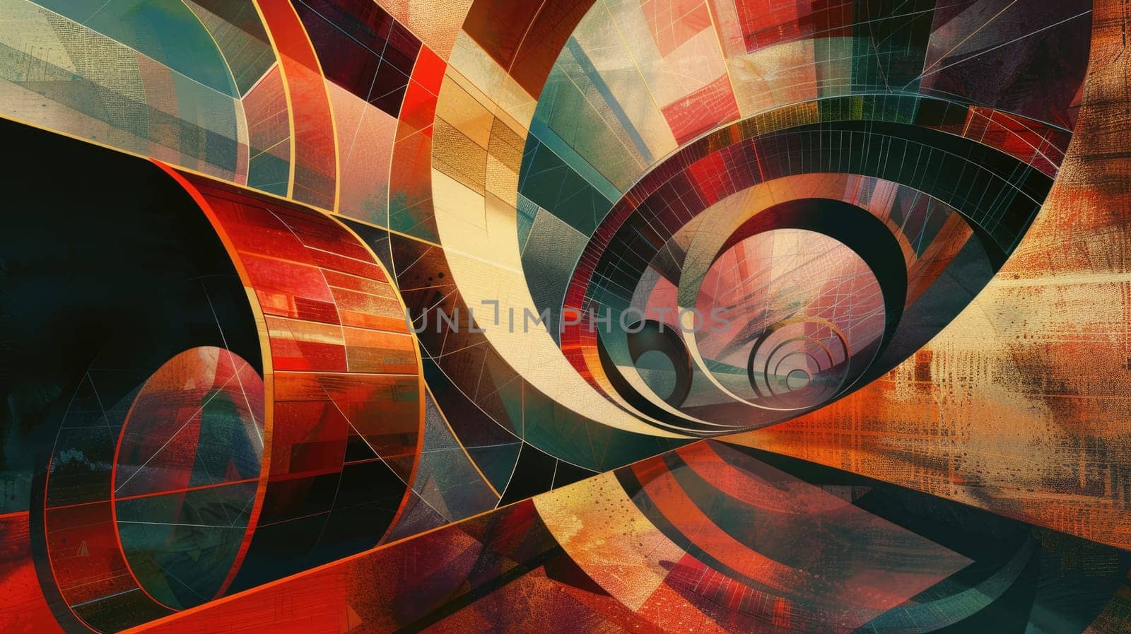 A painting of a colorful, geometric landscape with a retro feel. AIG51A.