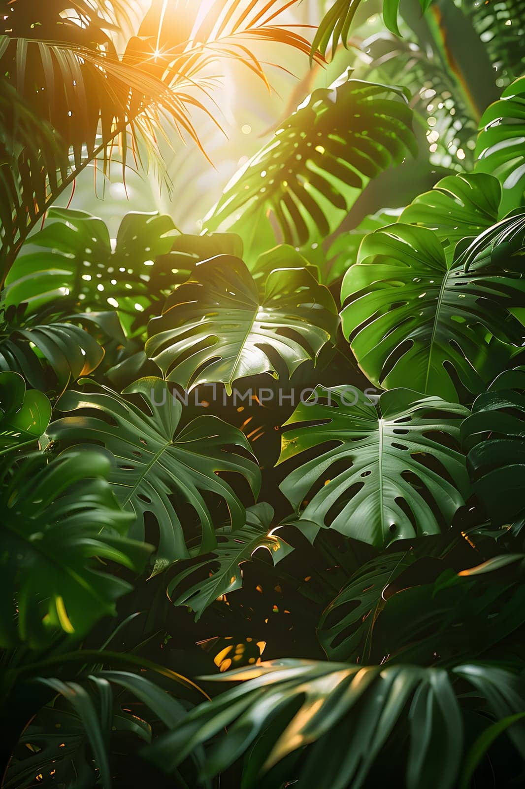 The sunlight filters through the foliage of a lush tropical jungle, illuminating the diverse terrestrial plants and organisms in the dense landscape