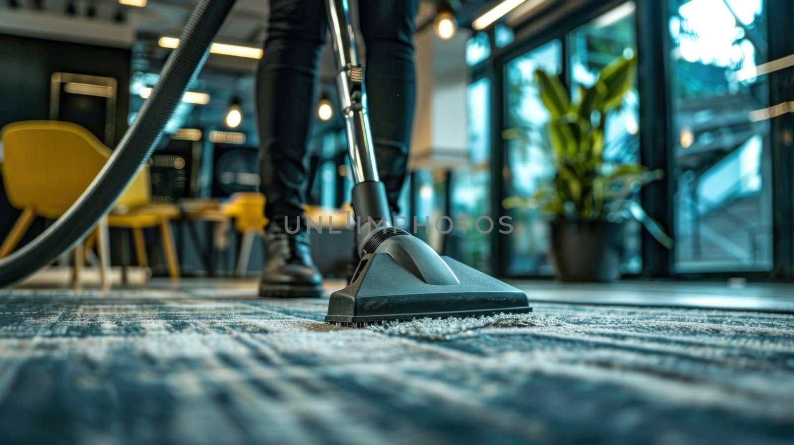 A person is vacuuming a carpet.