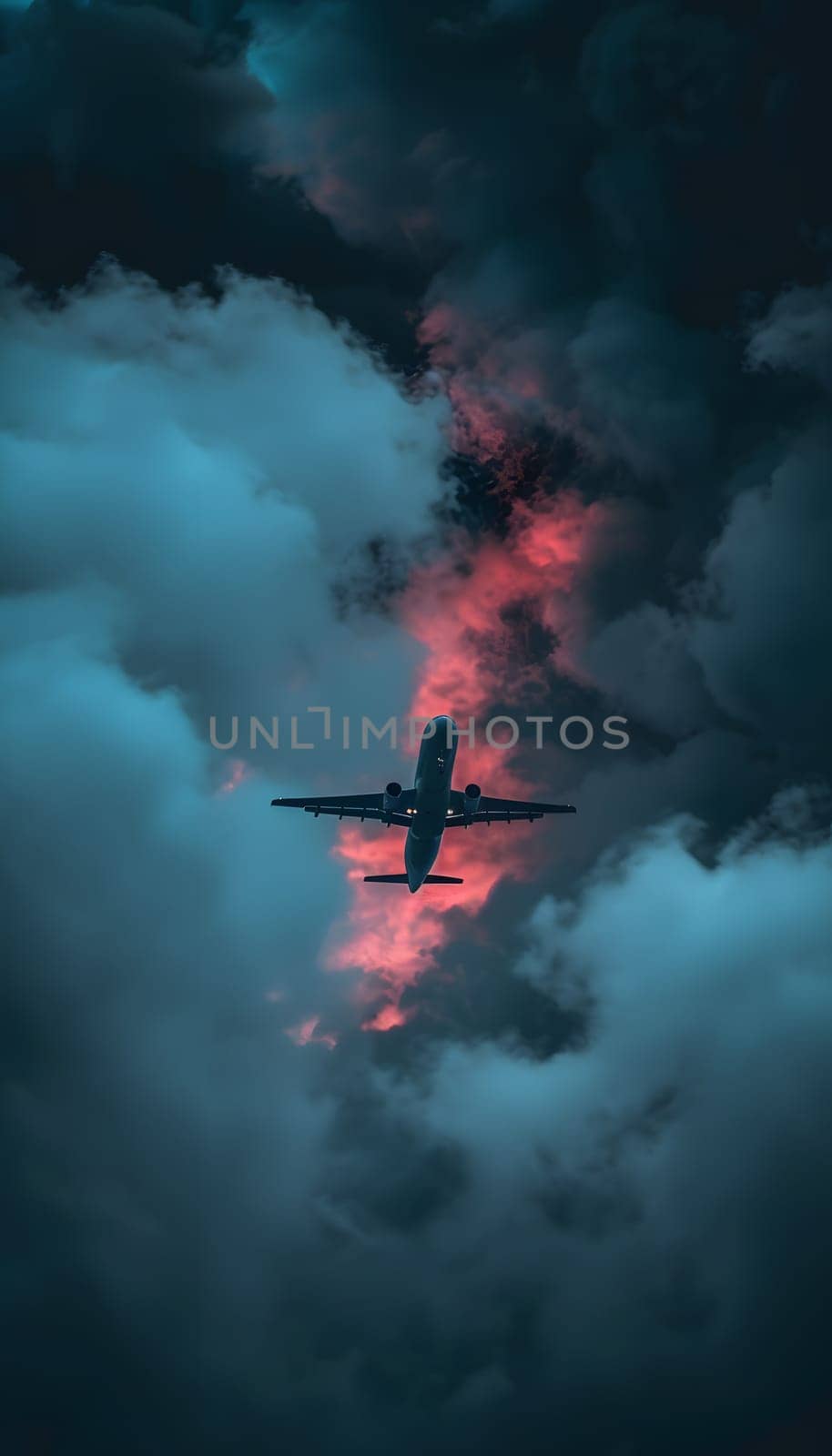 Aircraft navigating through cumulus clouds in the atmospheric dusk sky by Nadtochiy