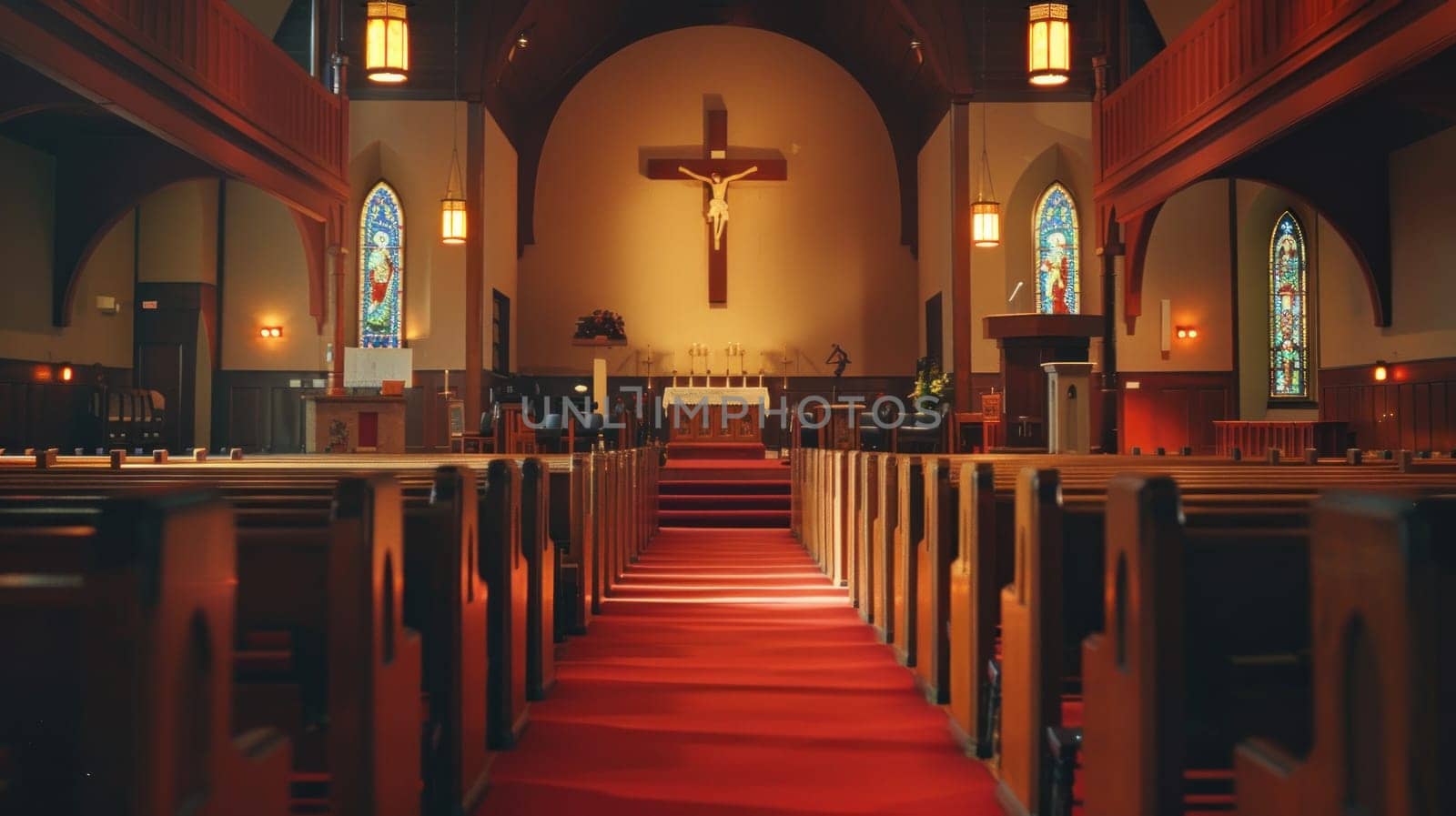 A church with a red carpet and stained glass windows. The interior is empty. The church is a place of worship and prayer