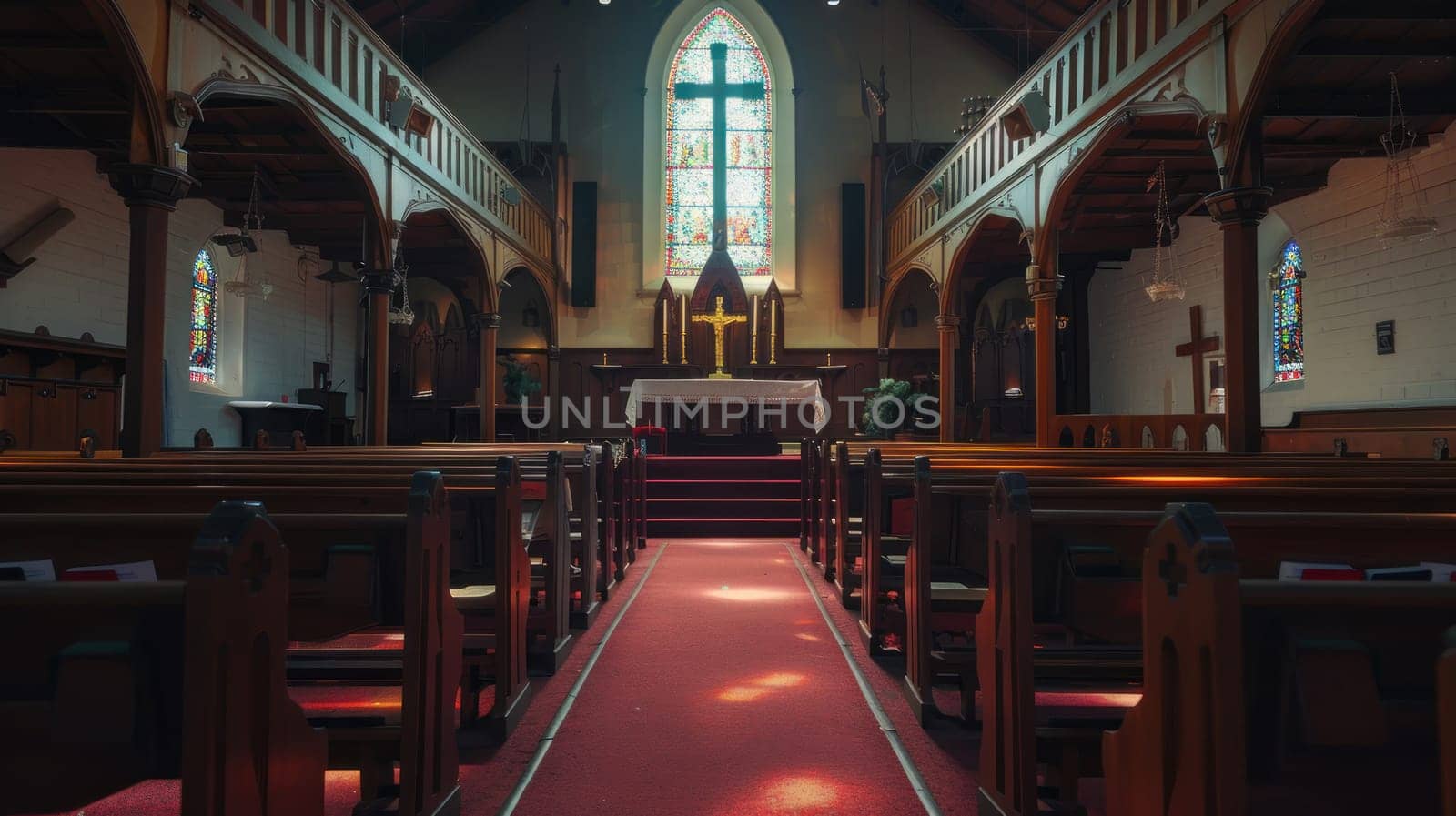 A church with a red carpet and stained glass windows.