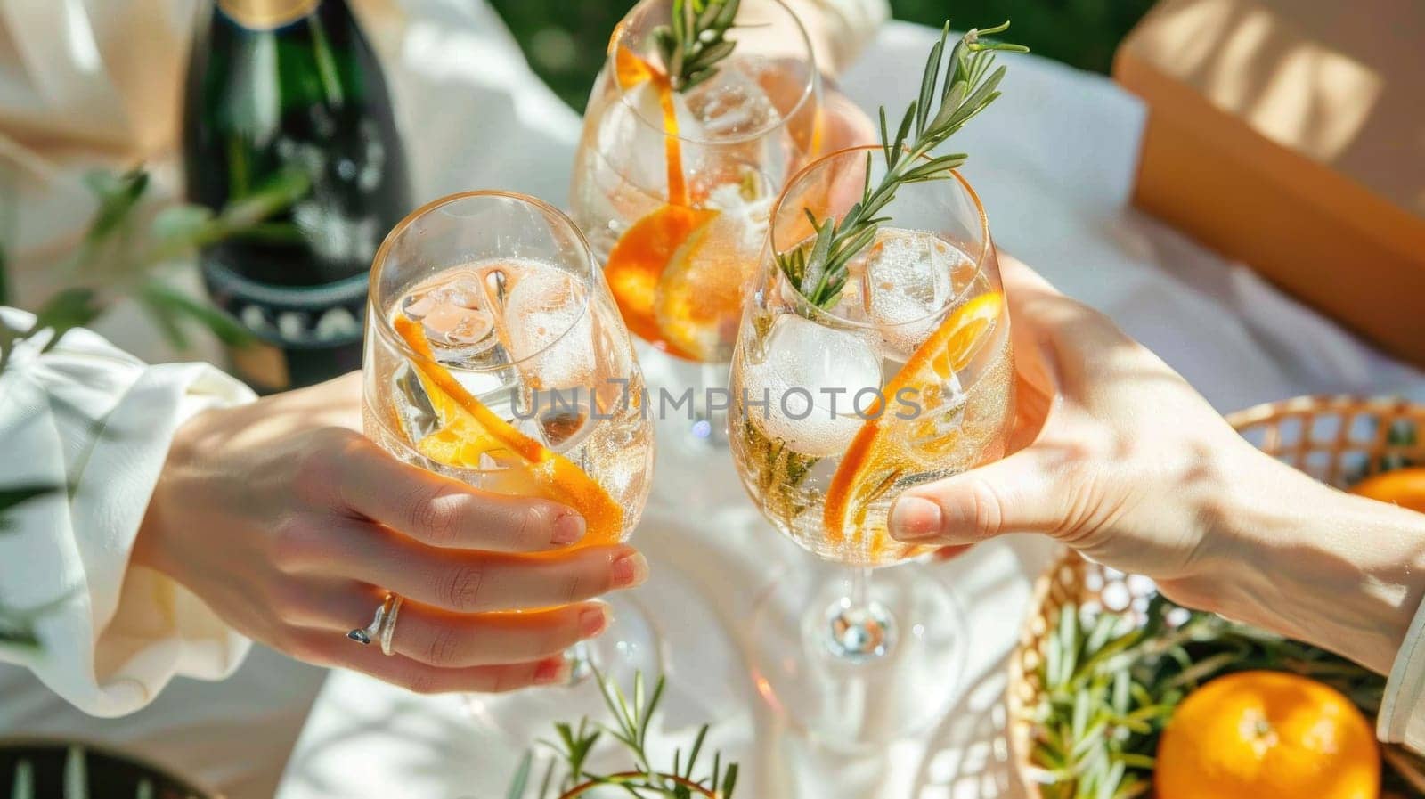 People are holding up two glasses of a drink with orange slices in them.