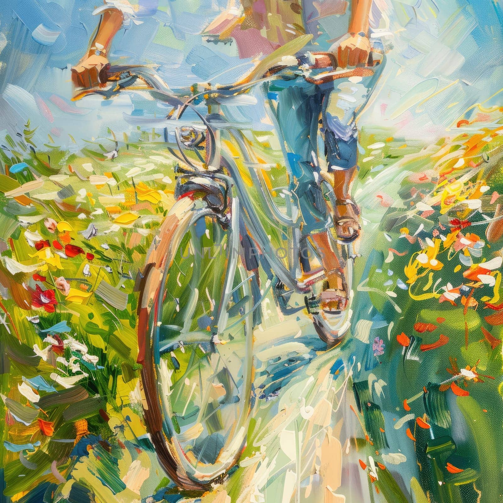 Riding a bicycle through a field of daisies, with the sun shining in the sky and fluffy clouds overhead, feeling the gentle breeze and admiring the beauty of nature AIG50