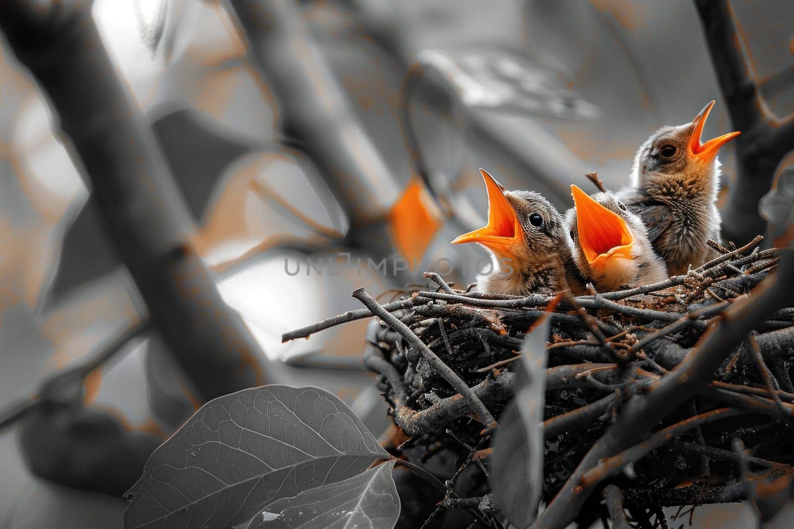 Three baby birds are sitting in a nest, one of which is eating. The nest is made of twigs and leaves, and the birds are perched on it. The scene is peaceful and serene, with the birds chirping softly