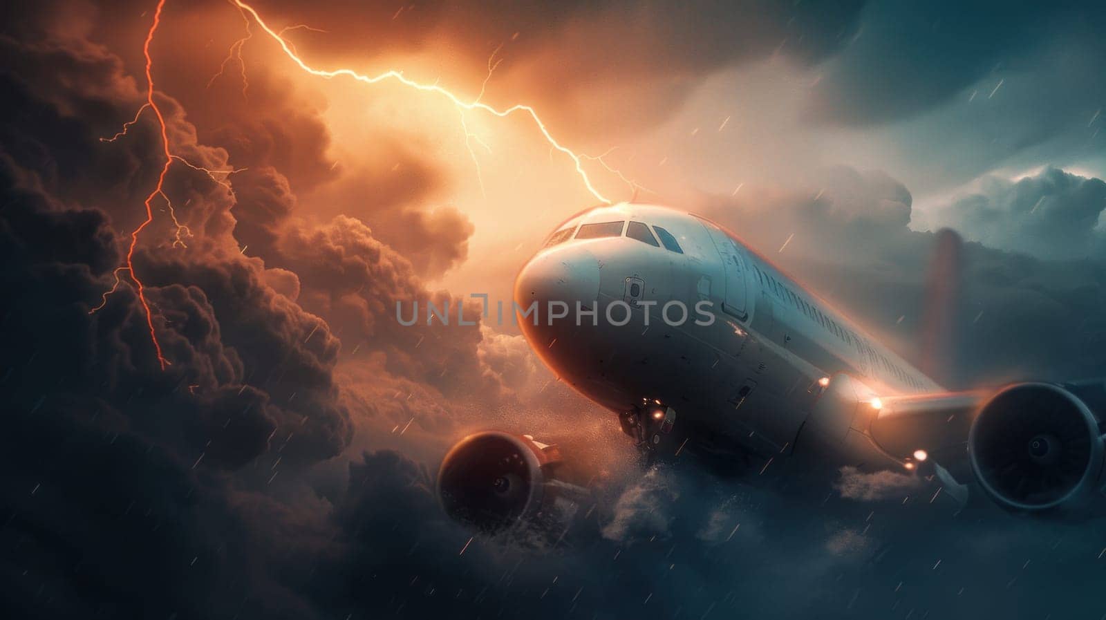 A plane is flying through a storm with a lightning bolt in the sky.