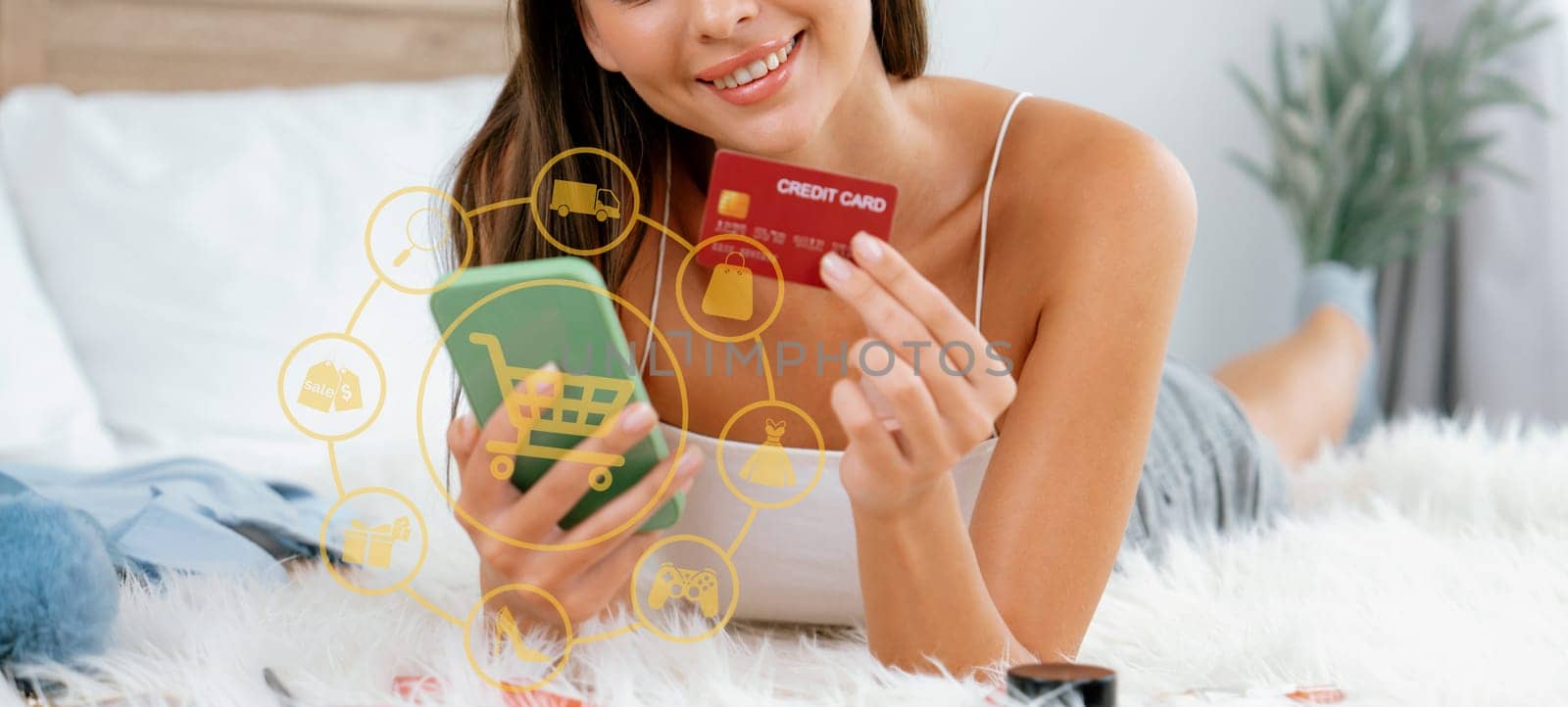 Consumer holding credit card typing phone shopping online inventory. Cybercash. by biancoblue